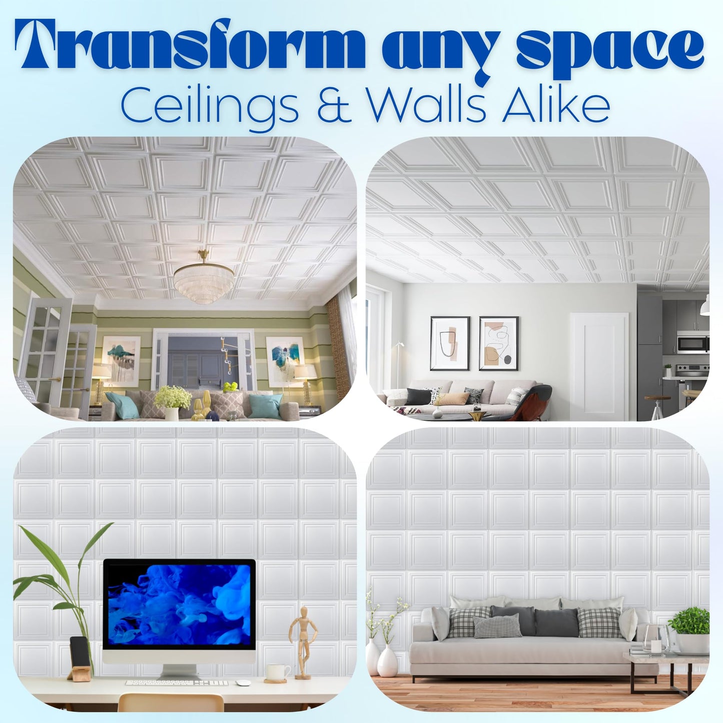 Art3d 12-Pack PVC Drop Ceiling Tiles (48 Sq.Ft), 24"x24" Decorative Panels for Home and Office, 2ft x 2ft, Bright White Finish
