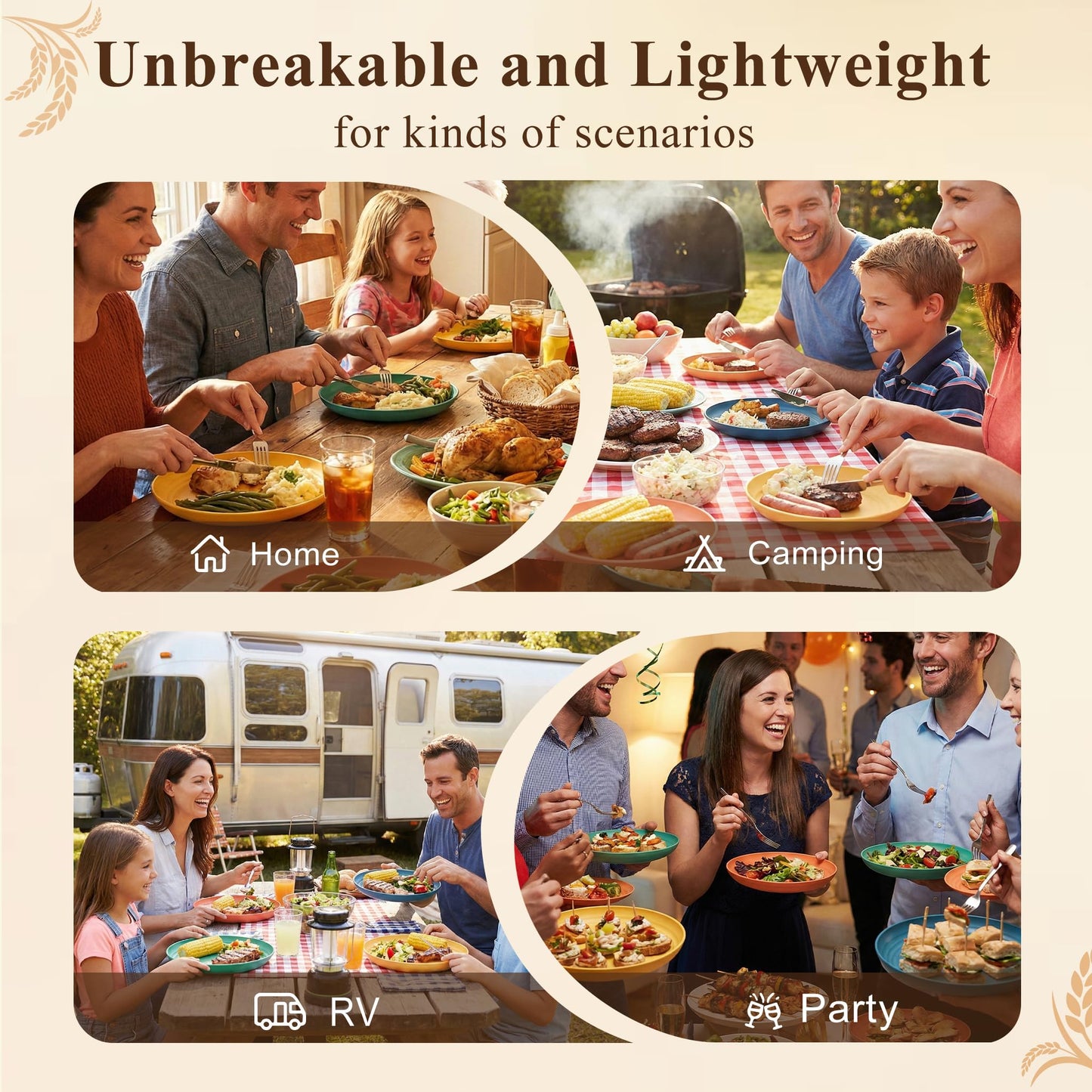 BUSOKIP Wheat Straw Plates Set for 8, Unbreakable & Lightweight Dinner Plates 9 Inch, Plastic Plates Reusable, Microwave and Dishwasher Safe Kitchen Plate for Outdoor, Camping, Picnic- Multi