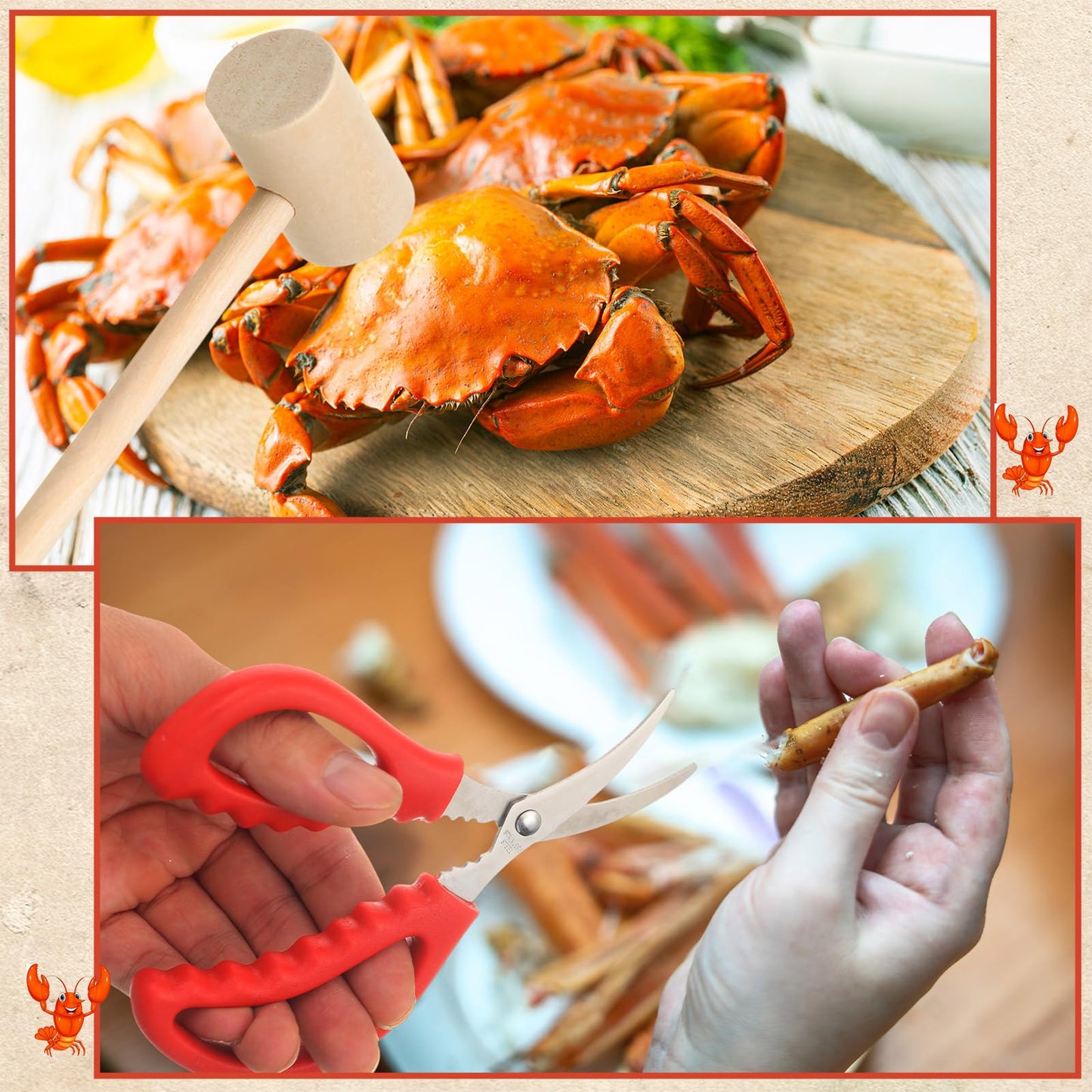 Lanties 20 Pcs Seafood Tools Set Seafood Boil Party Supplies Crab Crackers Scissors Lobster Sheller Hammer Shellfish Forks Cracker Red Plastic Bucket for Lobster Crab Food New Year Party