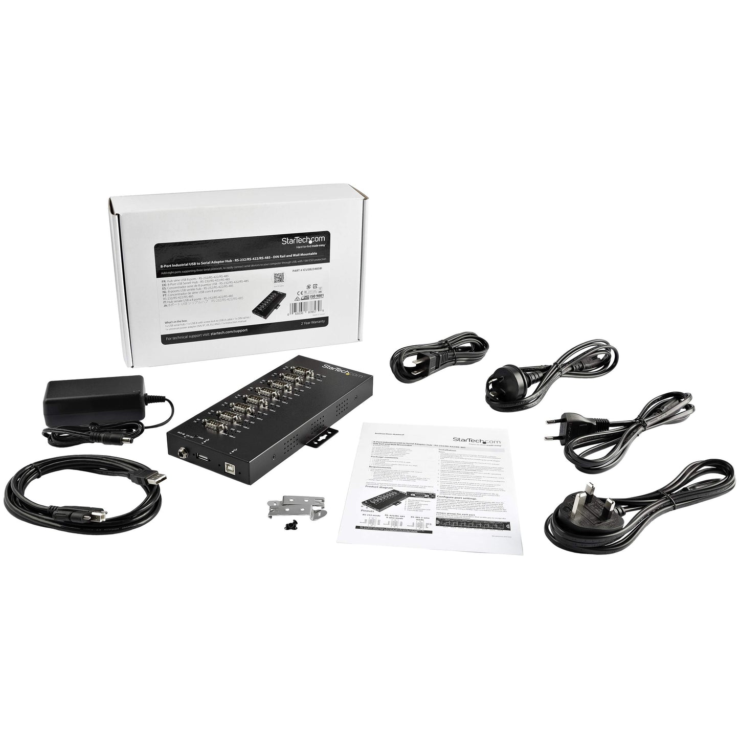 StarTech.com 8 Port Serial Hub USB to RS232/RS485/RS422 Adapter - Industrial USB 2.0 to DB9 Serial Converter Hub - IP30 Rated - Din Rail Mountable Metal Serial Hub - 15kV ESD Protection, TAA