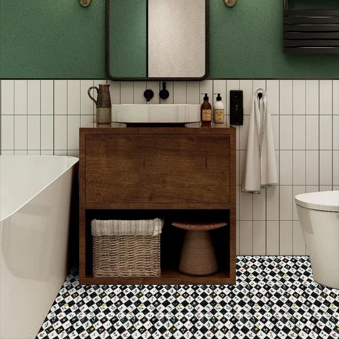 HOMETITUTE 10PCS 12x12 Inch Floral Checkerboard Peel and Stick Floor Tiles Removable Self Adhesive Vinyl Flooring Stickers for Kitchen Entryway Studio Home Decor