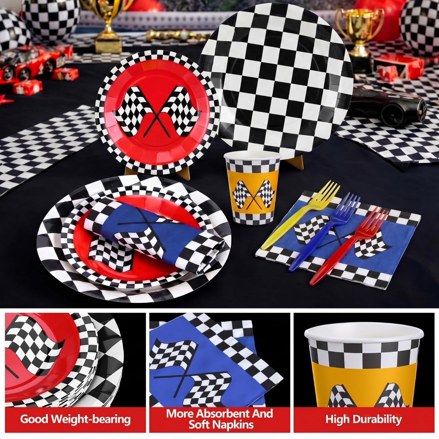 120 Pcs Race Car Birthday Decorations Fast One Party Tableware Set Blue Red Yellow Checker Flag Party Supplies If You Ain't First You're Last Paper Plates Napkin Cups Forks Knives Spoon for 24 Guest