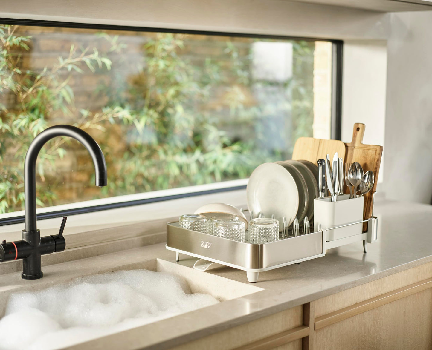 Joseph Joseph Extend Steel Expandable Dish Drying Rack with Removable Cutlery Holder Swivel Draining Spout, Stainless Steel
