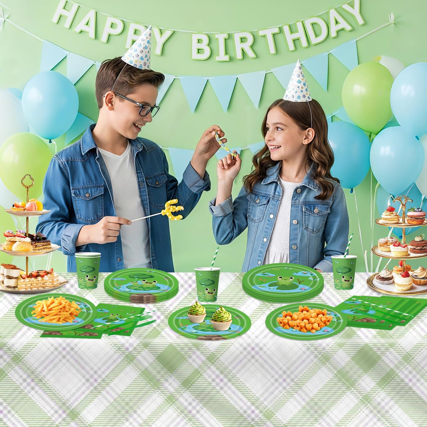 140Pcs Frog Birthday Party Decorations for 20 Guests - Tableware Supplies Frog Party Plates and Napkins Forks Cups Knives Straws for Baby Shower Birthday Party Decorations