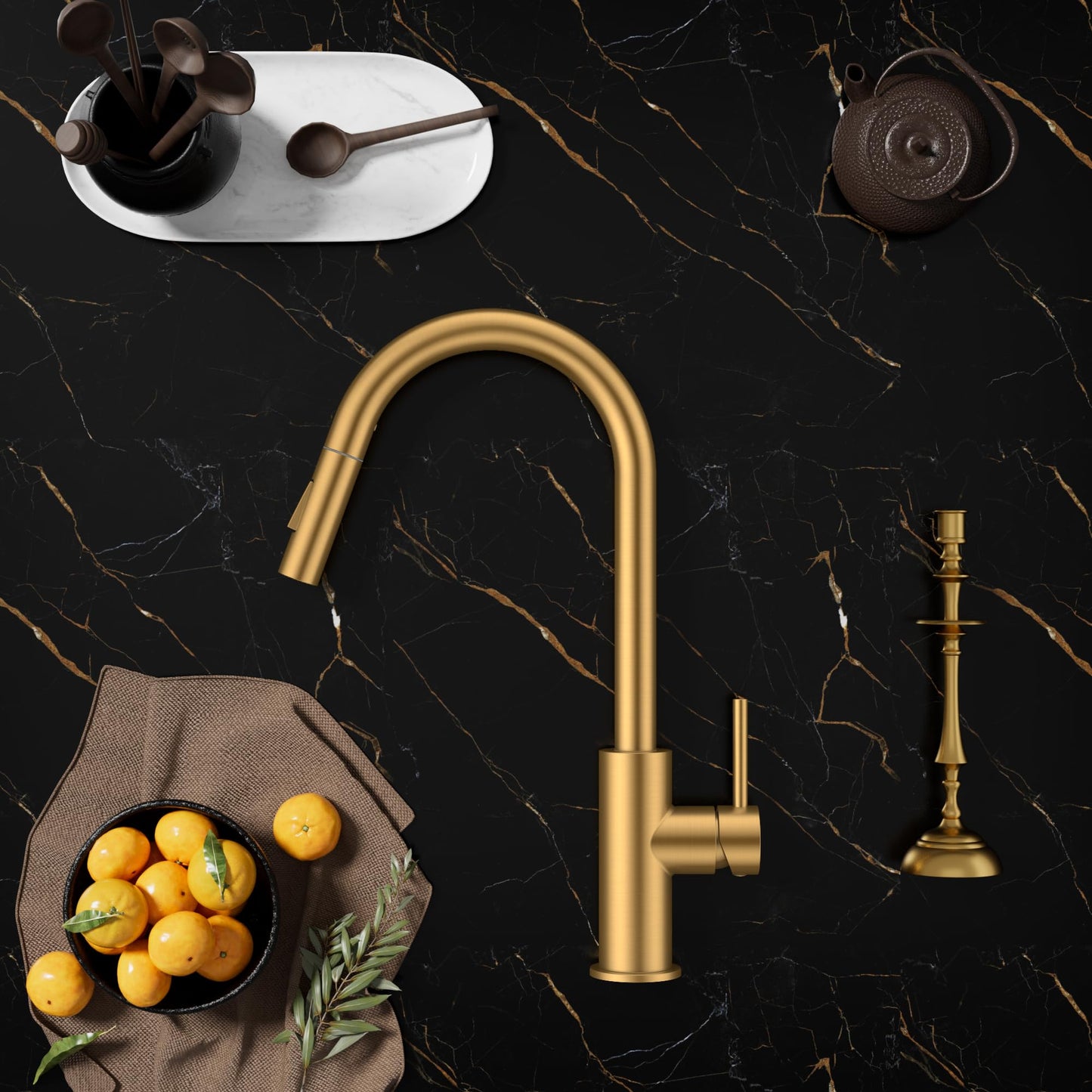 FORIOUS Gold Kitchen Faucet with Pull Down Sprayer, Brushed Brass High Arc Gooseneck Modern Sink Faucet with CUPC Ceramic Cartridge, Single Handle Stainless Steel and Deck Plate