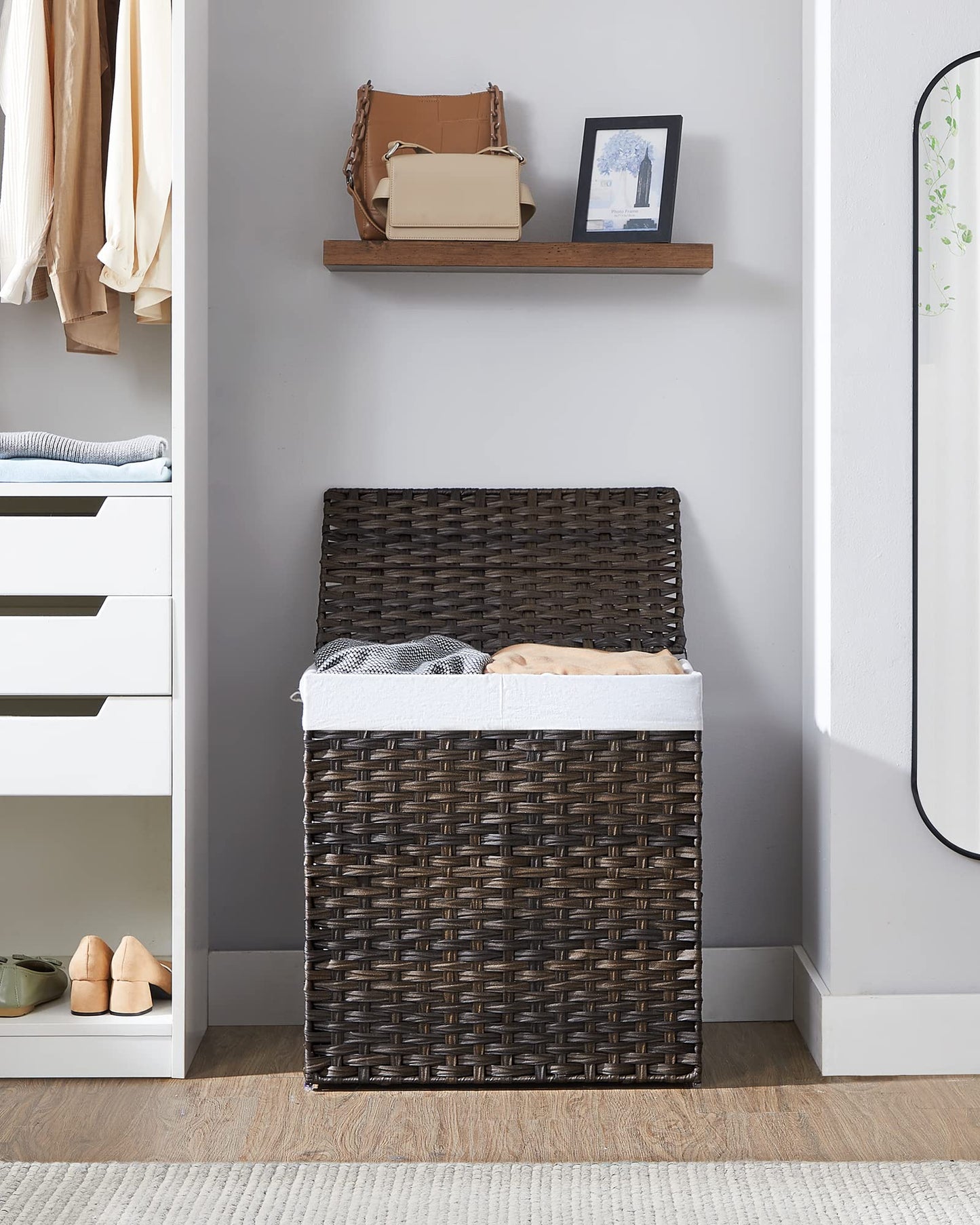 SONGMICS Laundry Hamper with Lid, 110L Clothes Hamper with 2 Removable Liner Bags, 6 Mesh Bags, Wicker Laundry Basket, Double Laundry Hamper for Bathroom, 13 x 22.4 x 23.6 Inches, Brown ULCB052K02