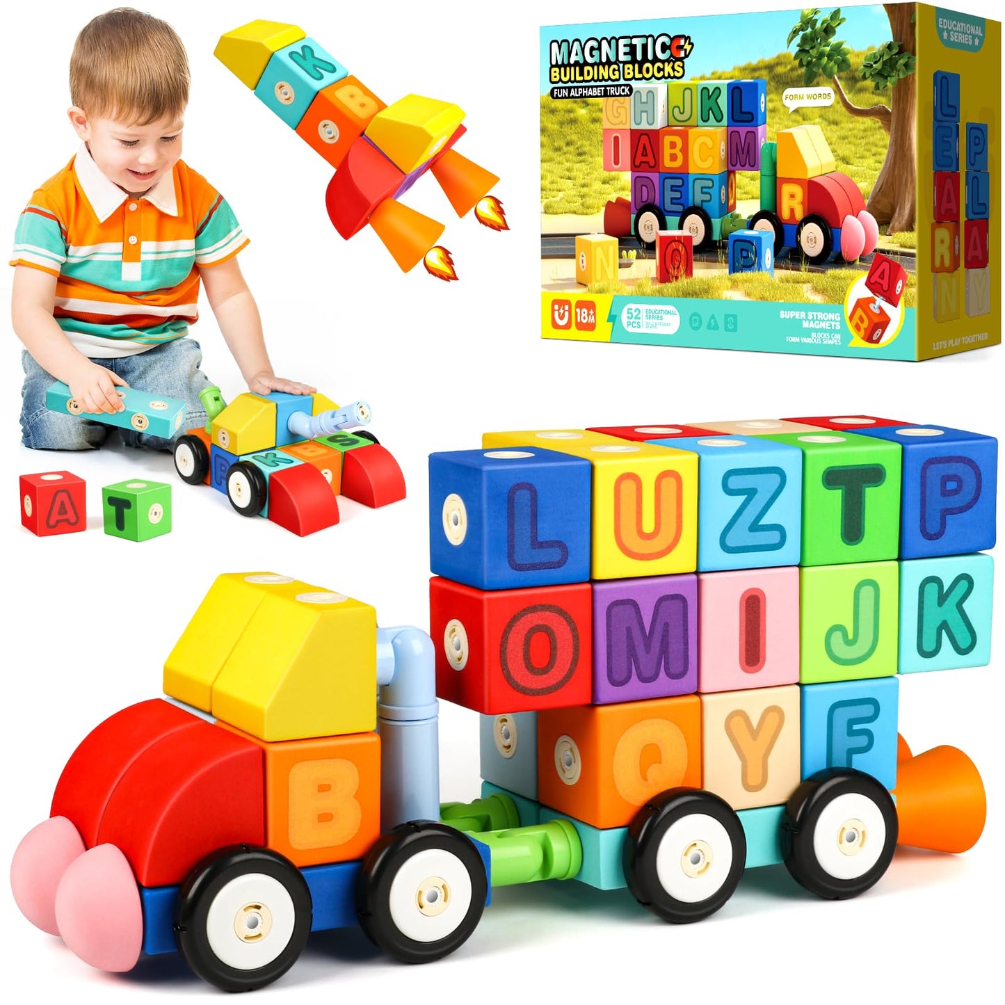 Joyfresh ABC Foam Magnetic Blocks for Toddlers, 52pcs, Building Letters Block for Kids 2 3 4 5 Years Old, Alphabet Blocks Toys Gifts for Boys Girls
