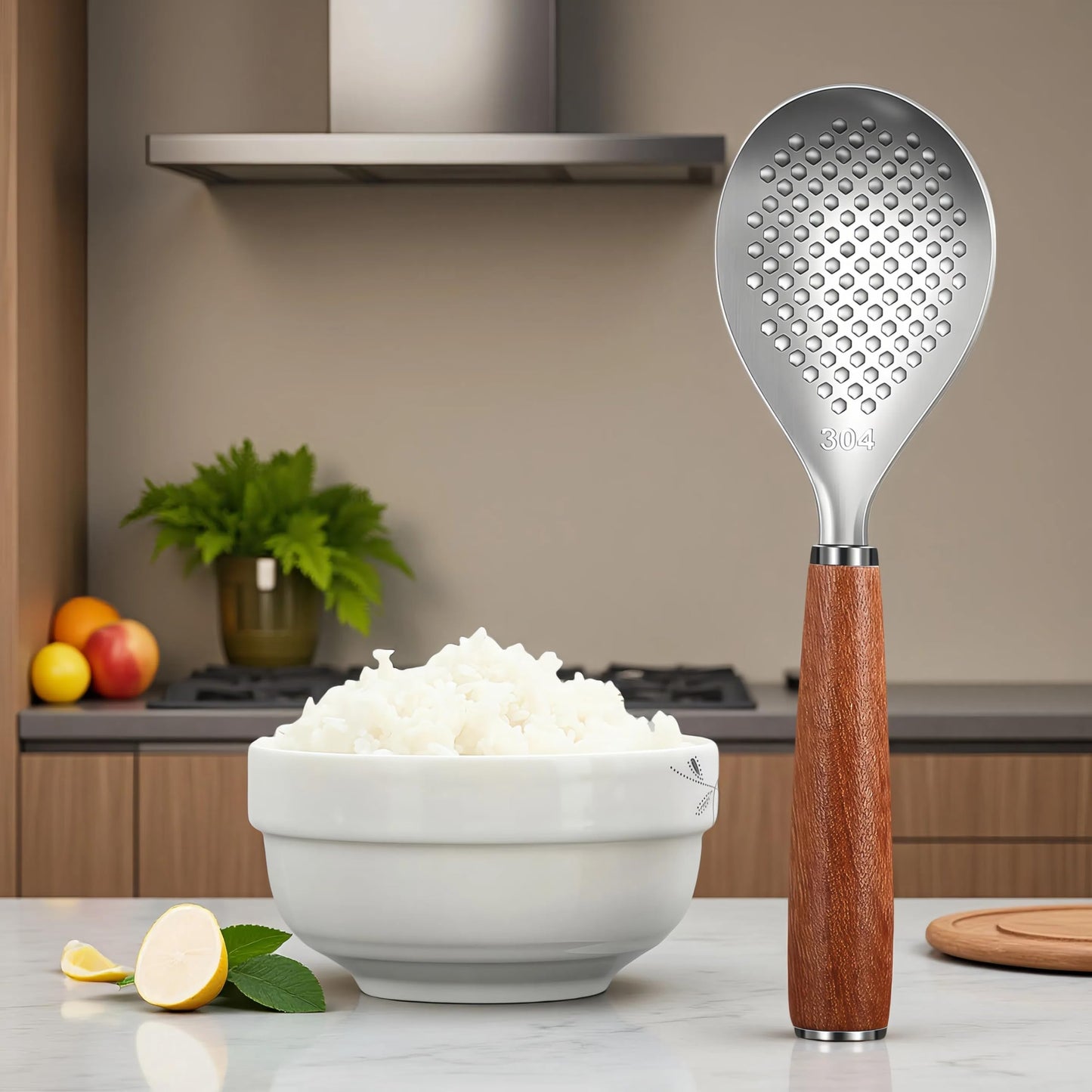 Stainless Steel Rice Paddle with Rosewood Handle, Stand Up Design, Non Stick Head