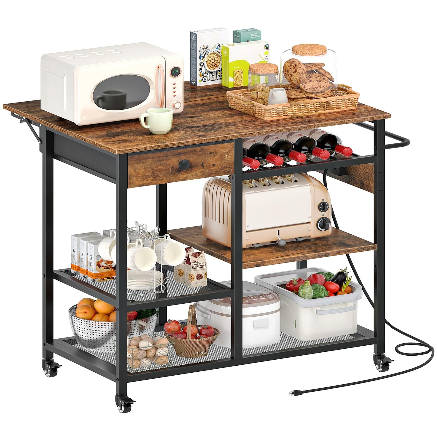 HOOBRO Kitchen Island with Power Outlet, Rolling Kitchen Cart with Drop Leaf, Island Table with Extendable Worktop and Adjustable Shelf, Kitchen Island Cart for Dining Room, Rustic Brown BF22UZD01