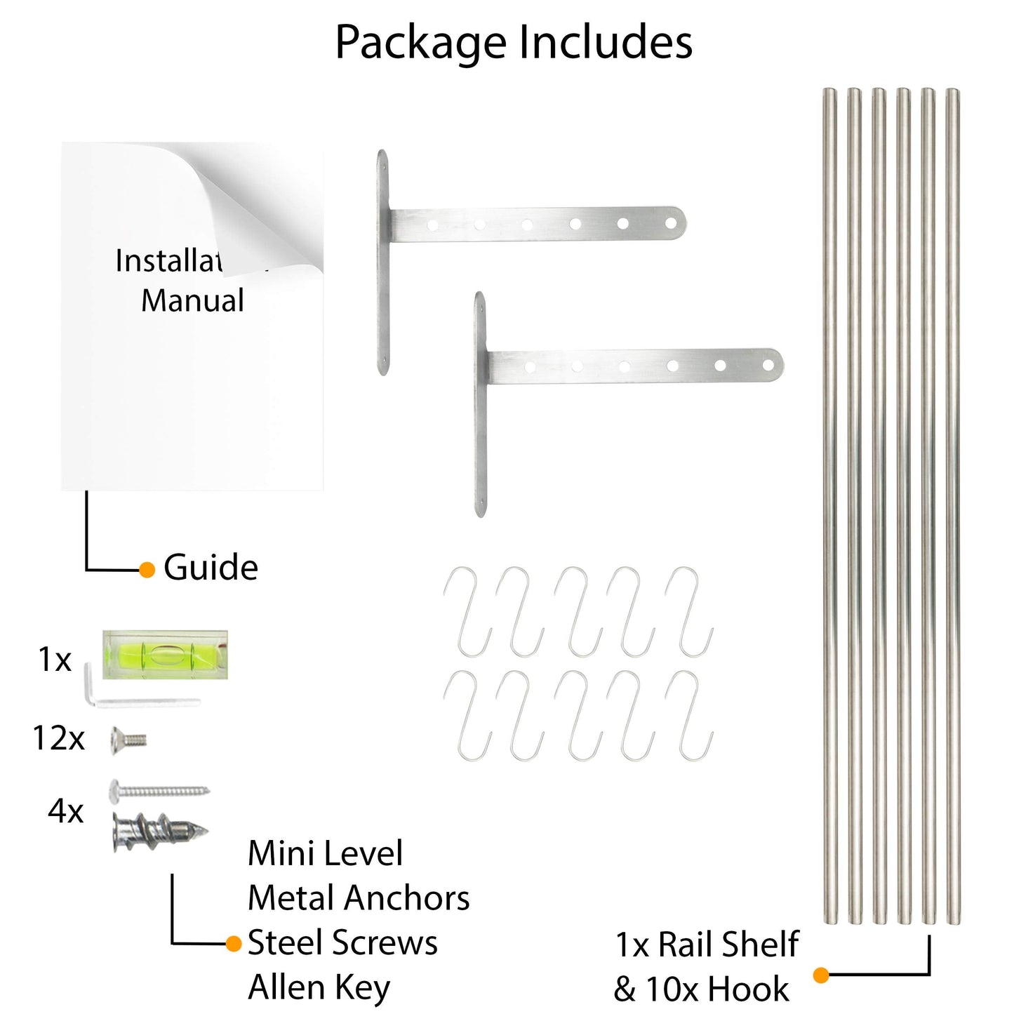 Wallniture Lyon Kitchen Organization and Storage Rack, Stainless Steel Metal Wall Shelf with 10 S Hooks for Hanging Pots and Pans, Chrome