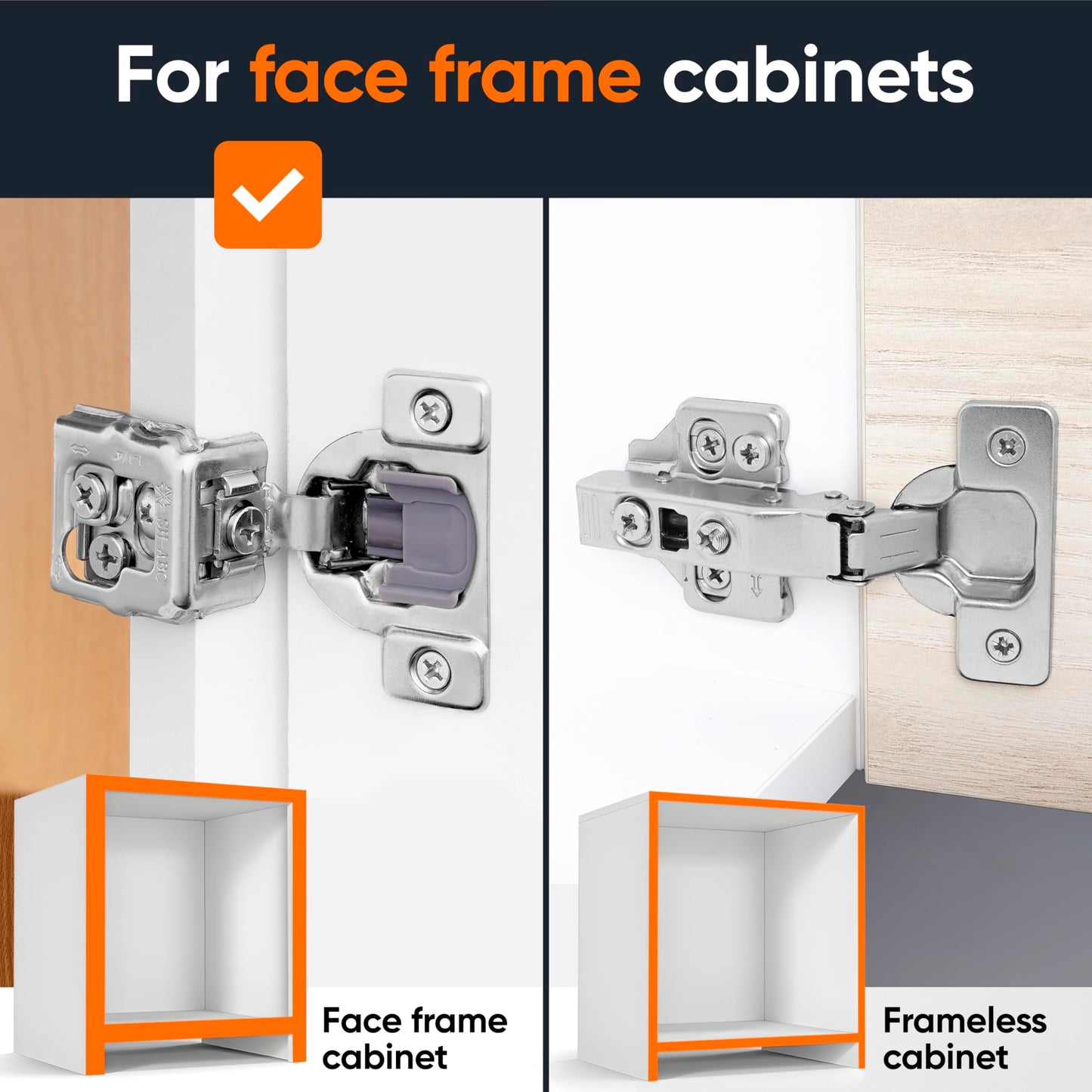 Decobasics 50 Pack Soft Close Cabinet Hinges 1-1/4" Overlay for Kitchen Cabinet Doors, Slow Self-Closing Concealed Hidden Hinges for Face Frame –Stainless Steel, 3-Way Adjustable & Quiet Close Damper