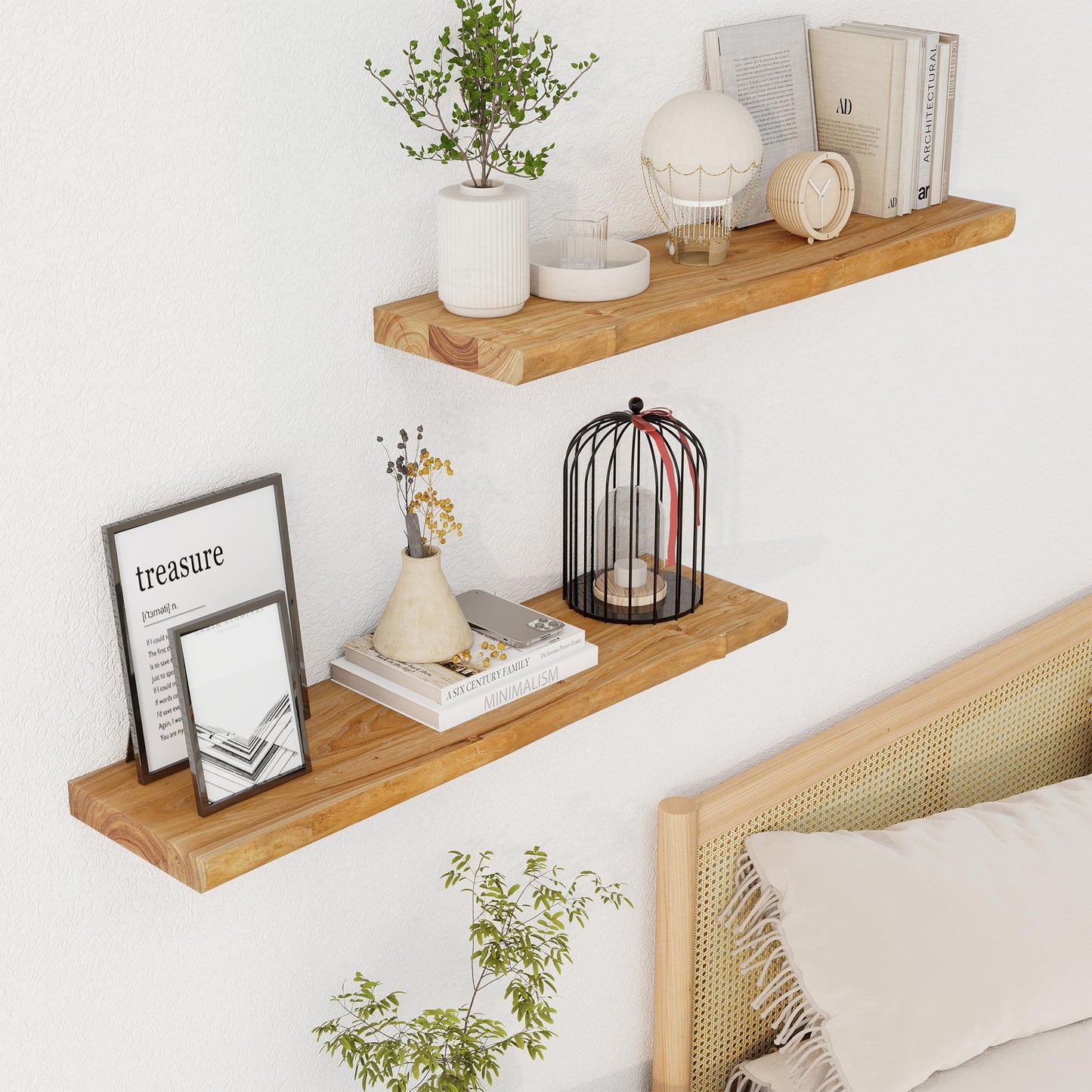 Axeman 30 inch Floating Shelves for Wall - 8'' D Live Edge Rustic Solid Elm Wood Floating Shelves Wall Mounted, Wall Shelves with Invisible Bracket for Living Room Bedroom Kitchen, Set of 2 Natural