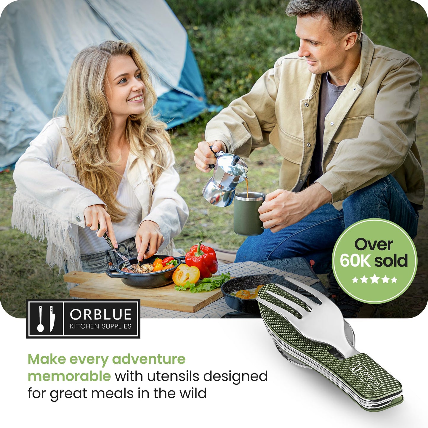 Orblue 4-in-1 Camping Eating Utensils, 2-Pack - Portable Spoon, Fork, Knife & Bottle Opener Combo Set - Stainless Steel Flatware with Detachable Fork - Backpacking Cutlery Multitool, Olive Green