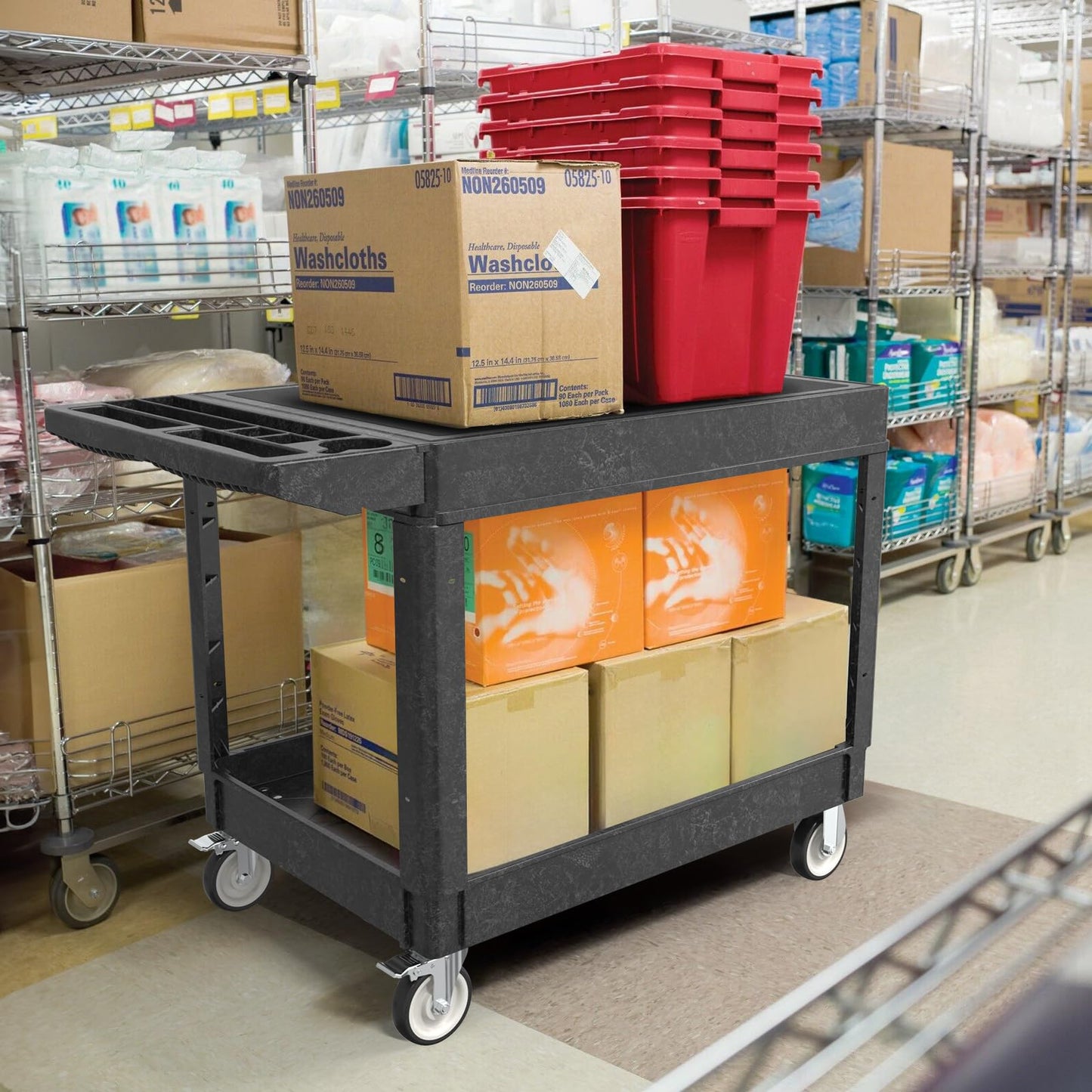 Wanmwill Utility Cart on Wheels, Heavy Duty Large Flat Top Rolling Service Cart, 46 x 25 Inch Work Carts, 2 Shelf 1000 lbs Capacity Plastic Tool Cart, for Warehouse, Garage, Cleaning, Black