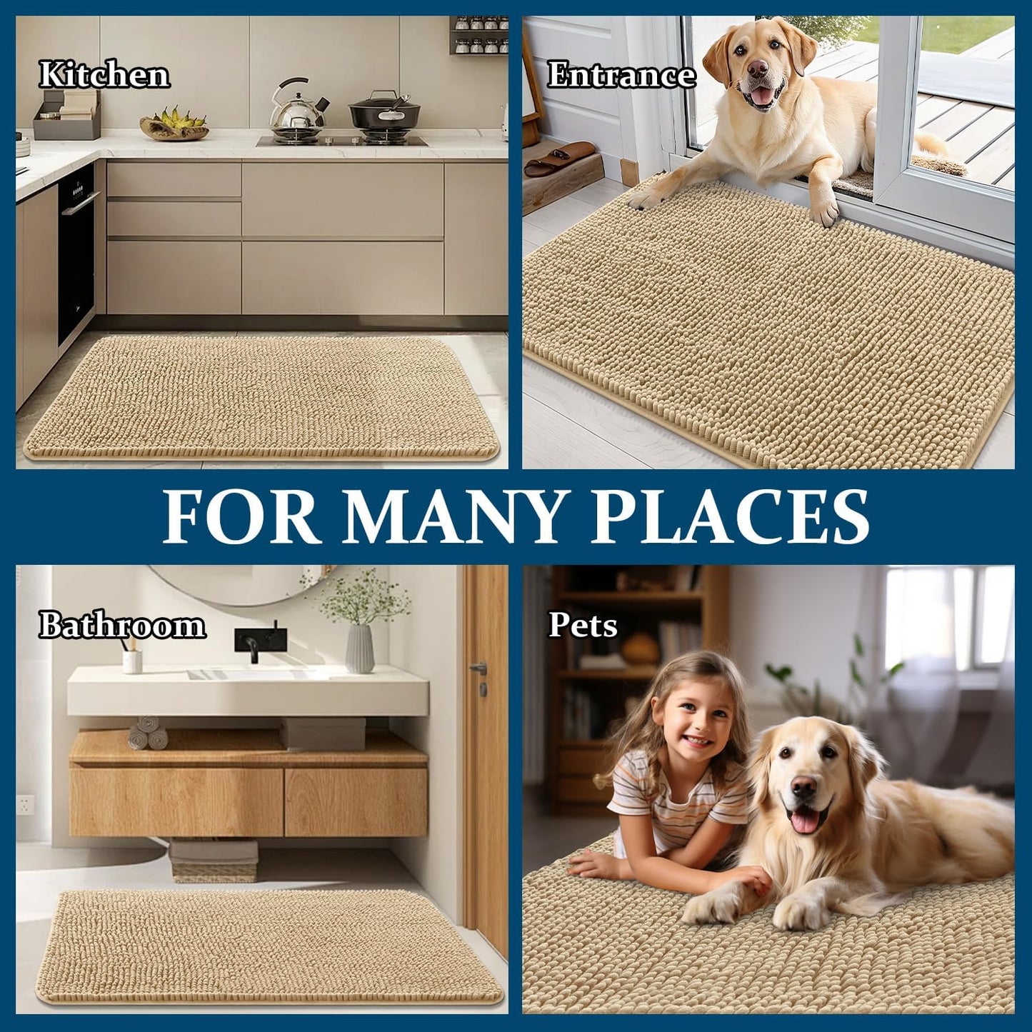 OLANLY Dog Door Mat - Absorbent Non-Slip Chenille Mat for Muddy Paws | Quick Dry 50x30 Beige