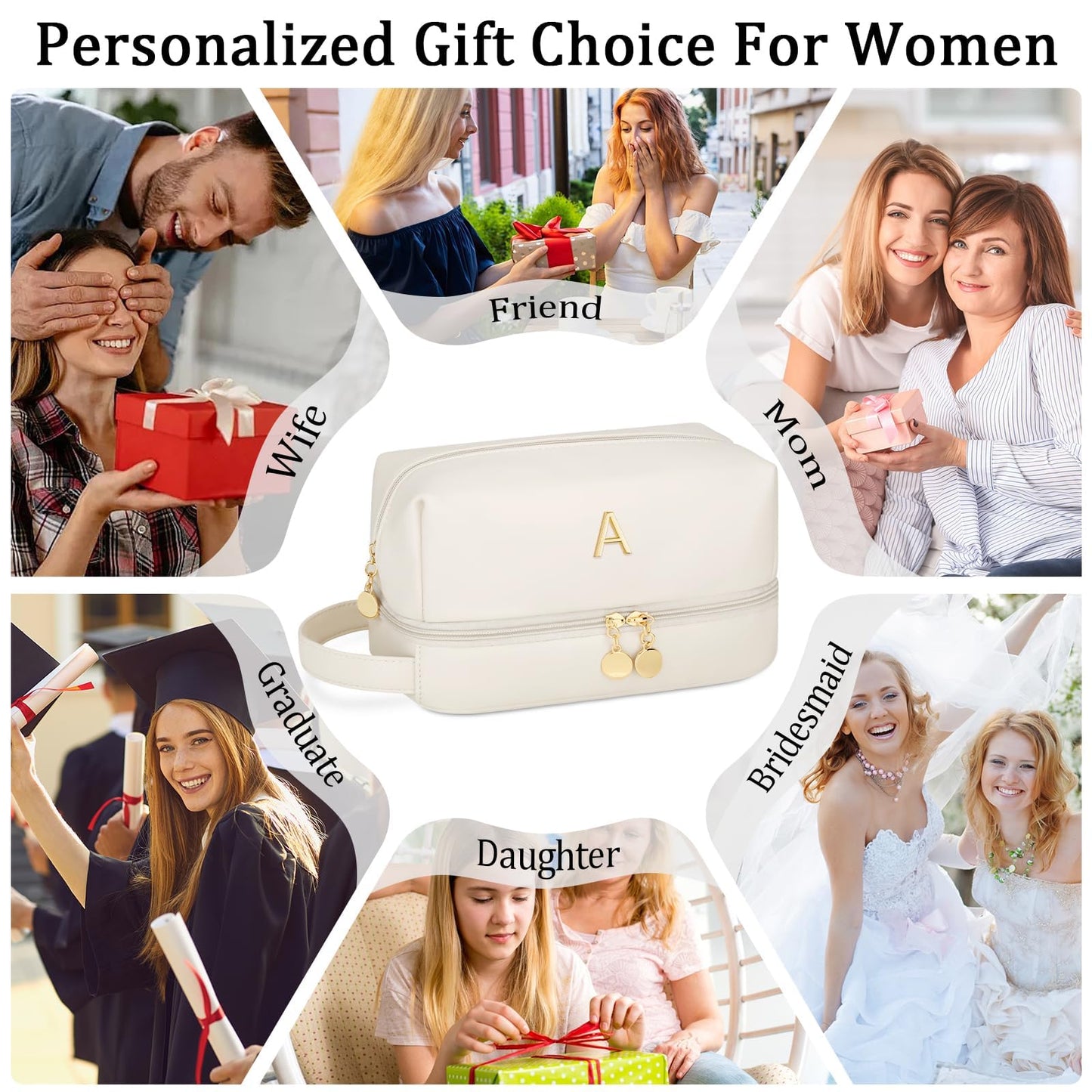 CLOUDWINGS Initial Makeup Bag for Women - Personalized Double Layer Cosmetic Bags with Makeup Brush Organizer, Hanging Travel Toiletry Bag with Large Capacity, Gifts for Mom Girlfriend Wife(Beige A)
