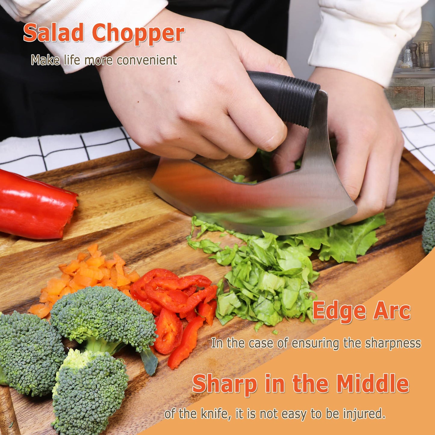 XoYoZo Salad Chopper Mezzaluna Knife with Protective Cover and Anti-Slip Handle - Stainless Steel Vegetable Cutter, Onion Chopper, Pizza Cutter
