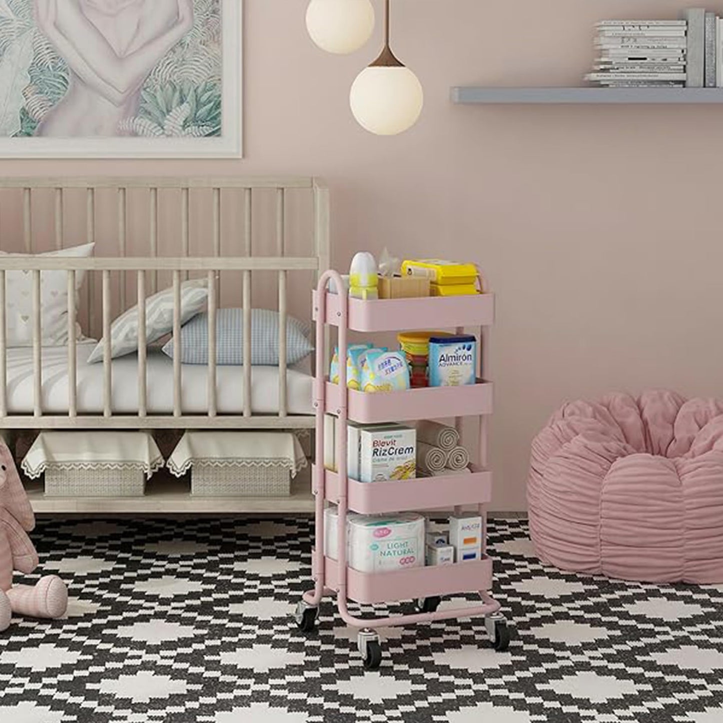 Elitehouse 4 Tier Metal Rolling Cart Pink Utility Cart with Wheels,Rolling Pink Cart for Office,Home,Kitchen,Garden๏ผ13.4"x18.1"x40"๏ผ