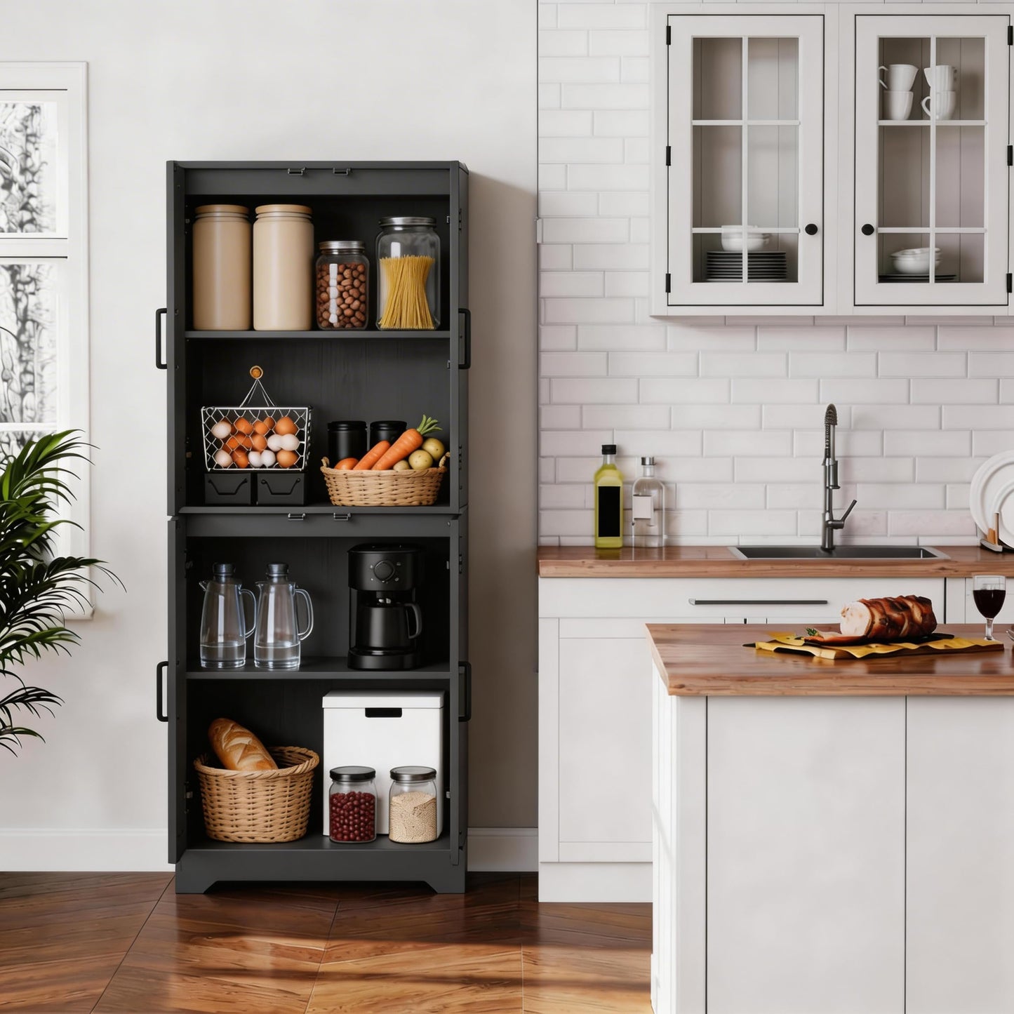 Farmhouse Pantry Cabinet, 71" Tall Wood Kitchen Storage Cabinet with 4 Doors & Adjustable Shelves, Large Freestanding Food Pantry Cupboard with Anti-Tip Kit for Kitchen, Dining Room, Living Room