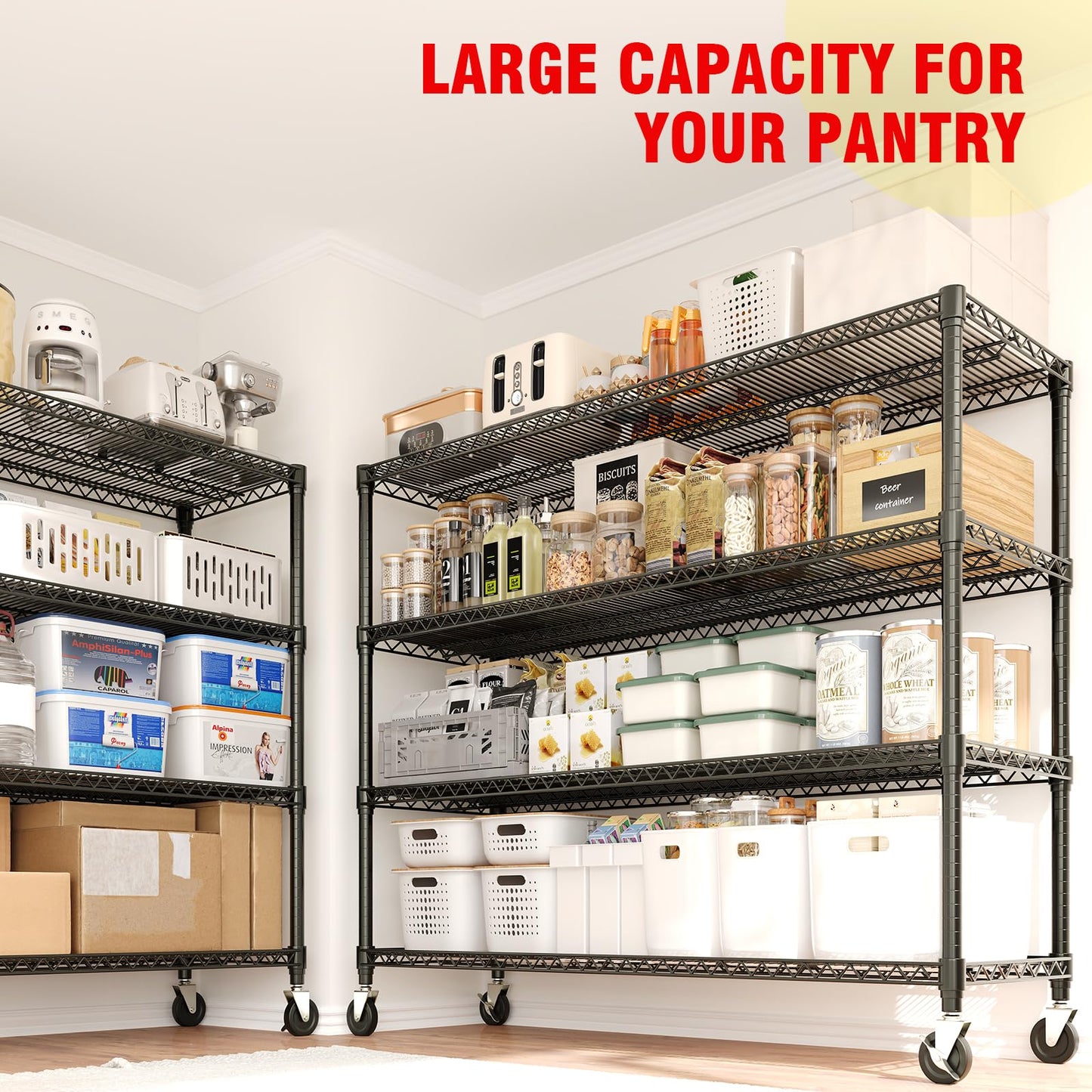 PeacefulHues 71.8" H Storage Shelves 4-Tiers Heavy Duty Metal Shelving Unit with Wheels, 2640LBS Garage Shelving for Pantry Garage Kitchen Home Outdoor, 71.8" H x 59" W x 17.7" D