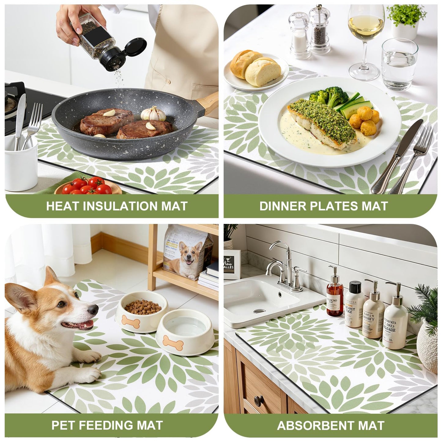 Findosom Floral Dish Drying Mat, 12" x 20" Super Absorbent & Hide Stain Coffee Mat, Cuttable Drying Mat for Kitchen Counter, Under Dish Rack, Coffee Maker, Espresso Machine, Sage Green