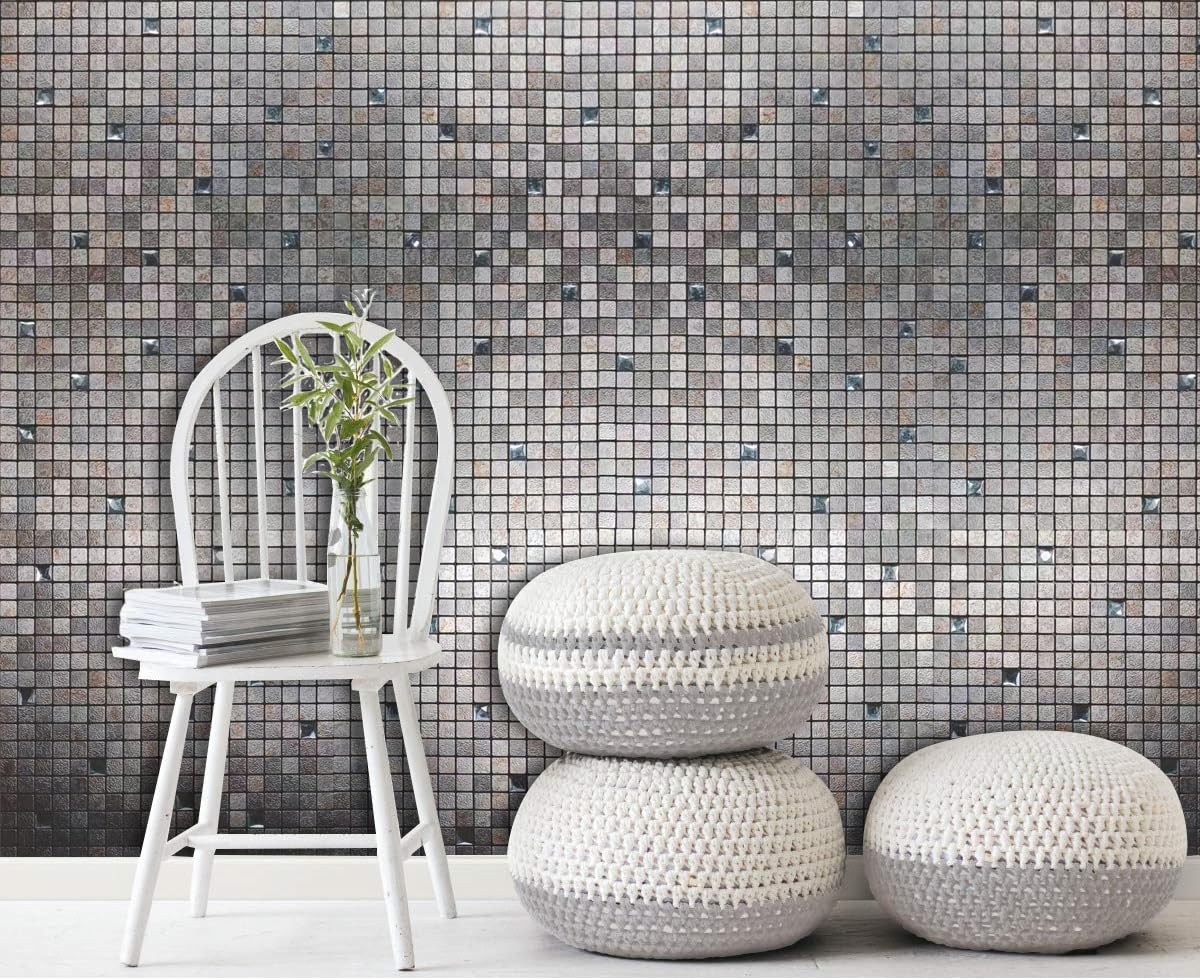 XUANINY Peel and Stick Backsplash Tiles for Kitchen,Bathroom,Fireplace,Self Adhesive Metal Aluminum Mosaic (12"x12") (10, Printed Silver Grey)