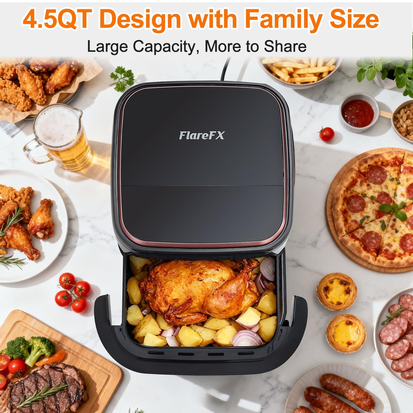FLAREFX 4.5QT Air Fryer Pizza Oven with 11 Presets, Air Fryers with Dual Heating & 360ยฐ Airflow | Viewing Window | Touch Display, Nonstick Airfryer for Roast, Bake, Dehydrate, Microwave, Reheat & More