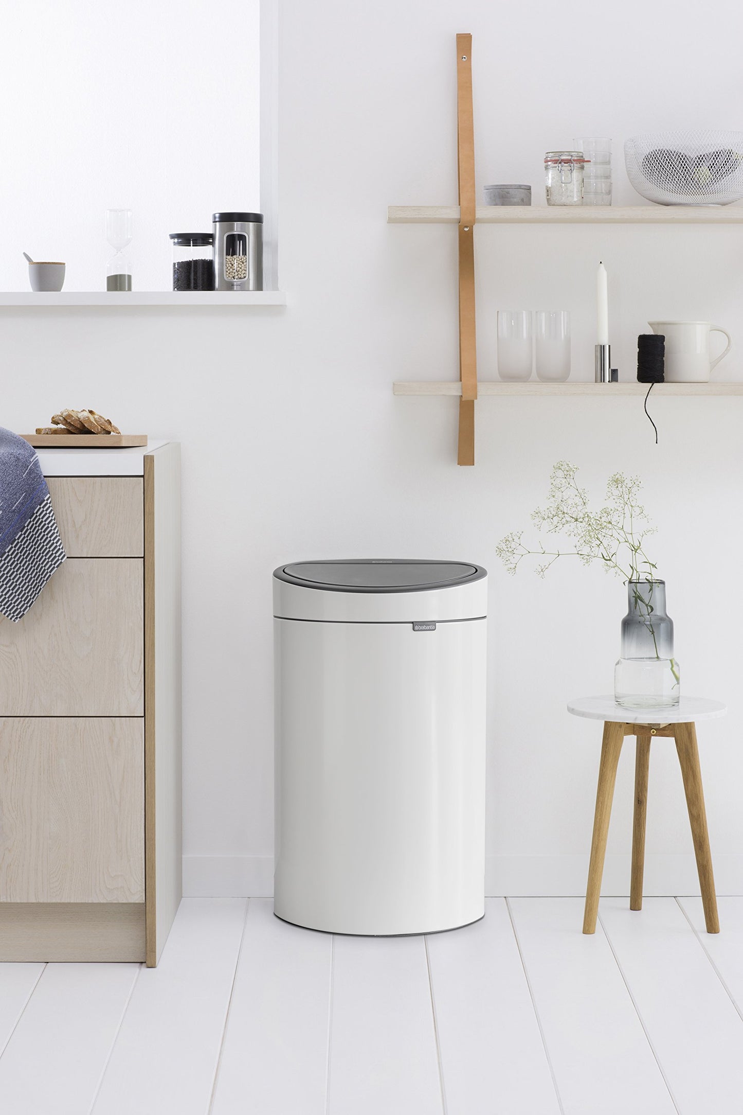 Brabantia Press-Top Kitchen Trash Can with Flat Back | White | 10.6 Gallon / 40L | Home Trash Can with Soft-Touch Stay-Open Lid & Removable Inner Bucket | Fits Flat Against Walls | + Trash Bags