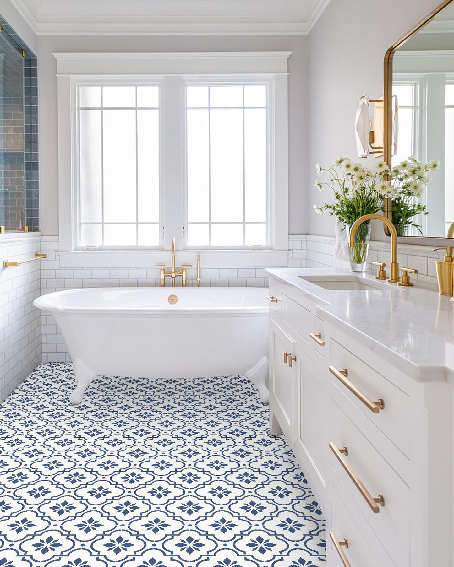 MORCART Peel and Stick Floor Tile, 20-Pack 7.87" x 7.87" Matte Vinyl Floor, Self Adhesive Waterproof Flooring DIY for Renter, Removable Tile Sticker for Bathroom, Kitchen, Bedroom, Wall (Blue Flower)