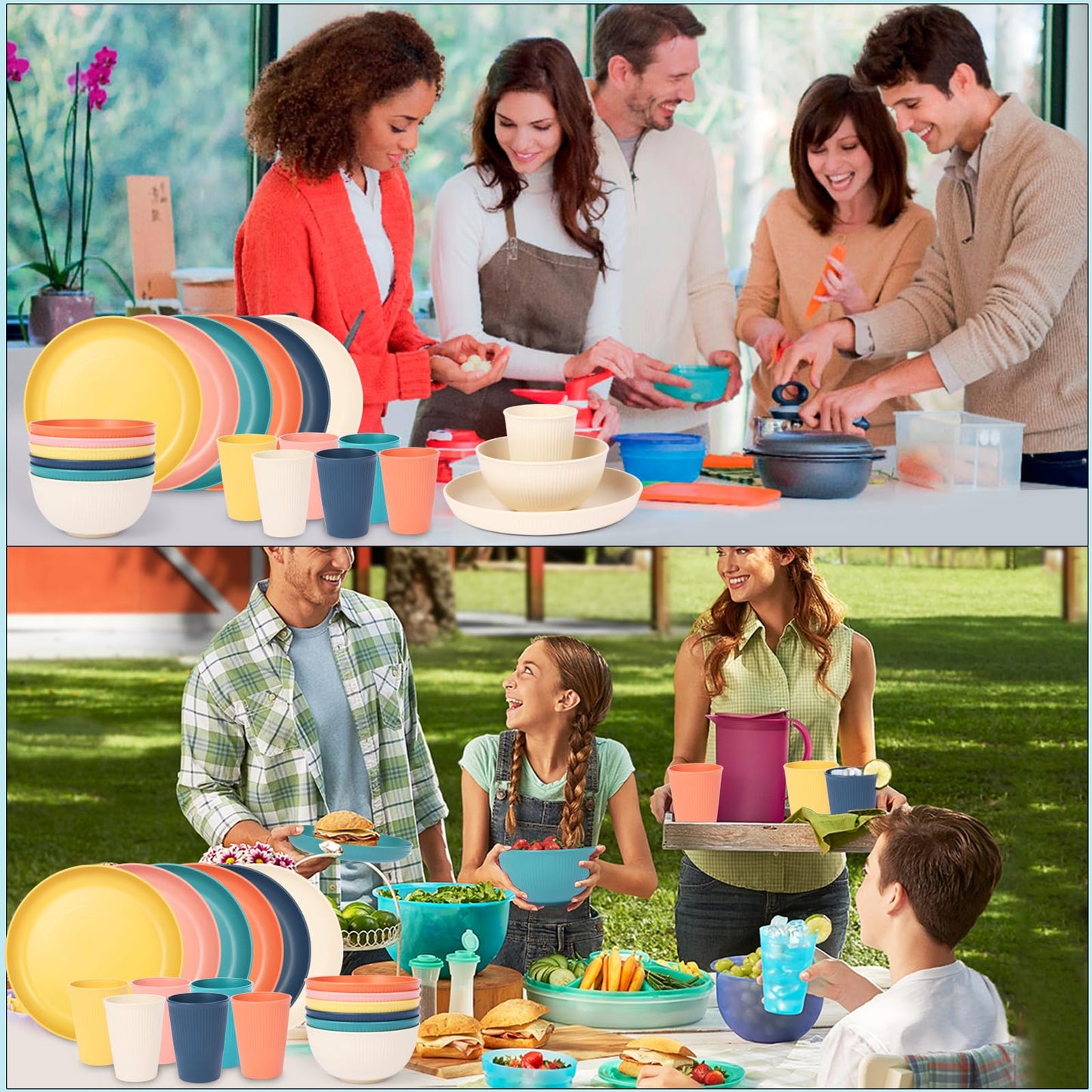 18pcs Wheat Straw Dinnerware Sets, Unbreakable dish Set Reusable Plates, Bowls, and Cups Set dishes Dishwasher Microwave Safe for Kitchen Outdoor Travel Camping (Macron Color)