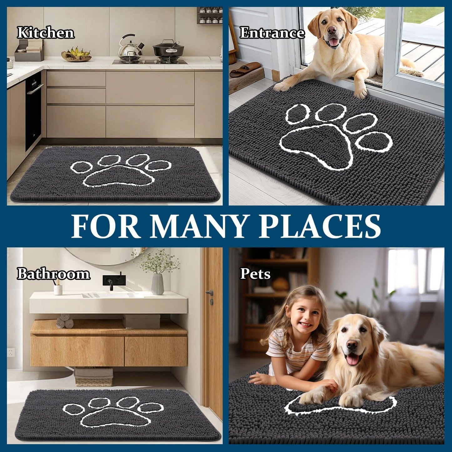 OLANLY Dog Door Mat - Absorbent Non-Slip Mud Mat for Paws | 35x24 Dark Grey Chenille Design