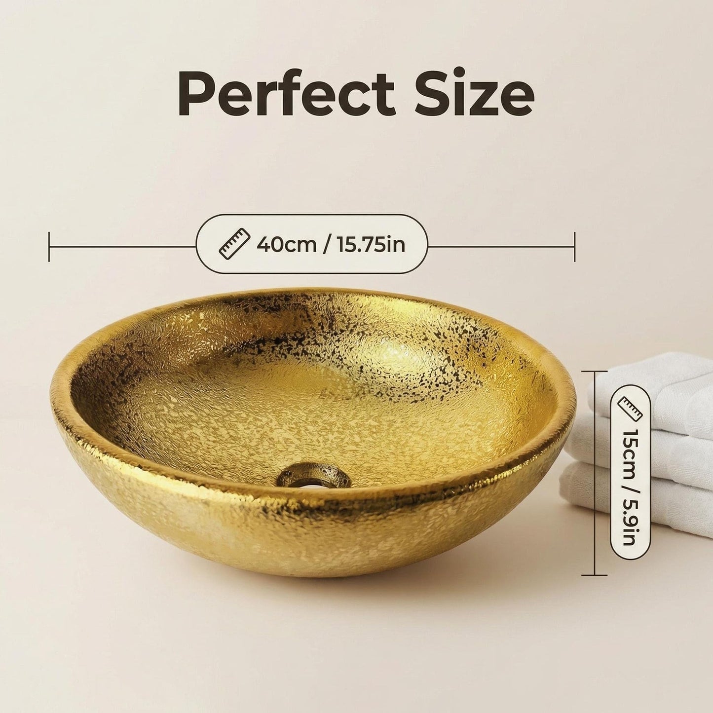 HOPESTAR Luxury Gold Ceramic Wash Hand Basin Round Vessel Sink, 15.8 x 15.8 x 5.9 Inches, Metal-plated Porcelain Washbasin,Art-filled Wash Fountain Bathroom Basin Circular Sink