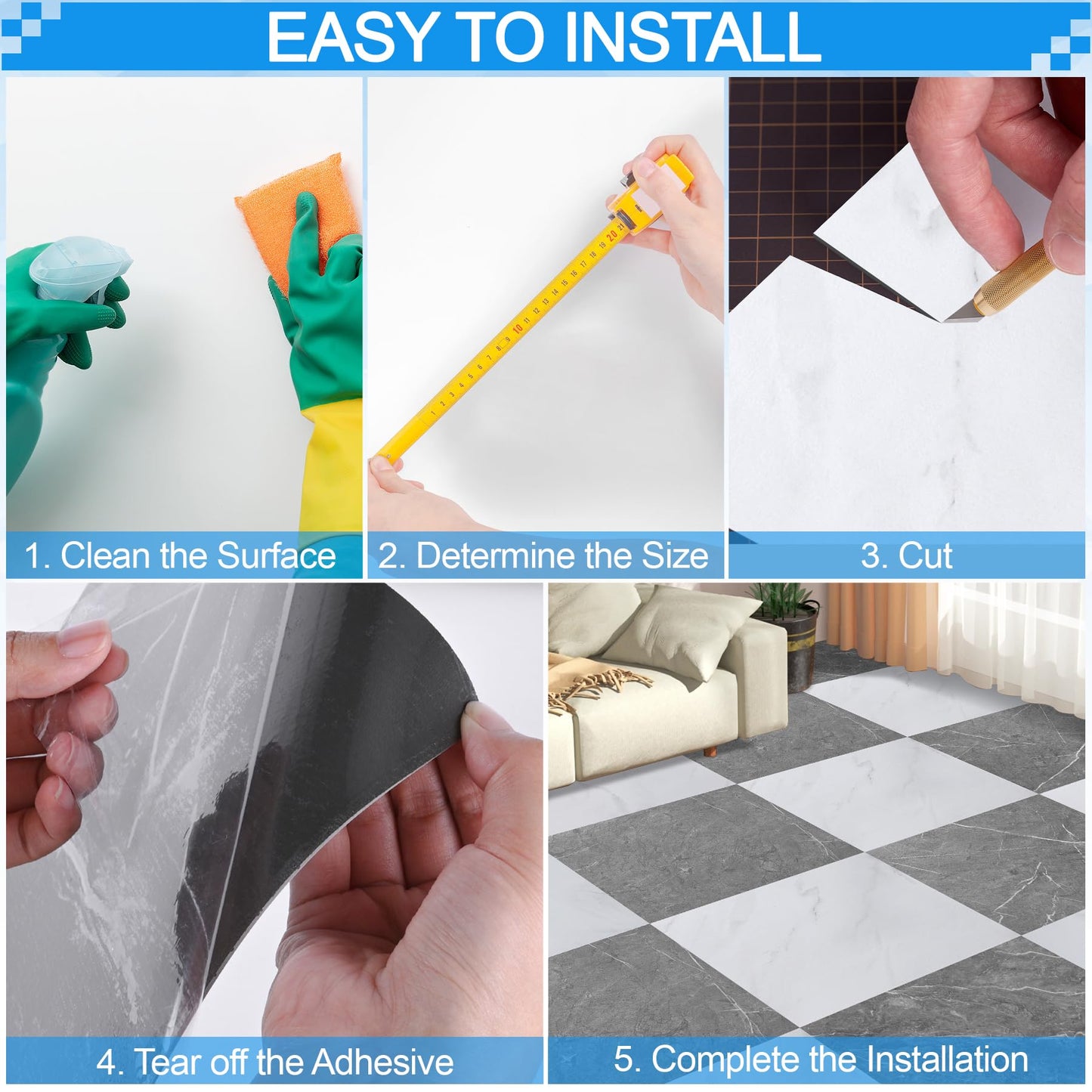 Tottist 30-Pack 12x12 Inch Peel and Stick Vinyl Floor Tiles, Self Adhesive Waterproof Flooring Planks for Kitchen, Dining Room,Bathroom,Vestibule, Cover 30 Sq. Ft(Grey/White Marble,15 Tiles Per Color)