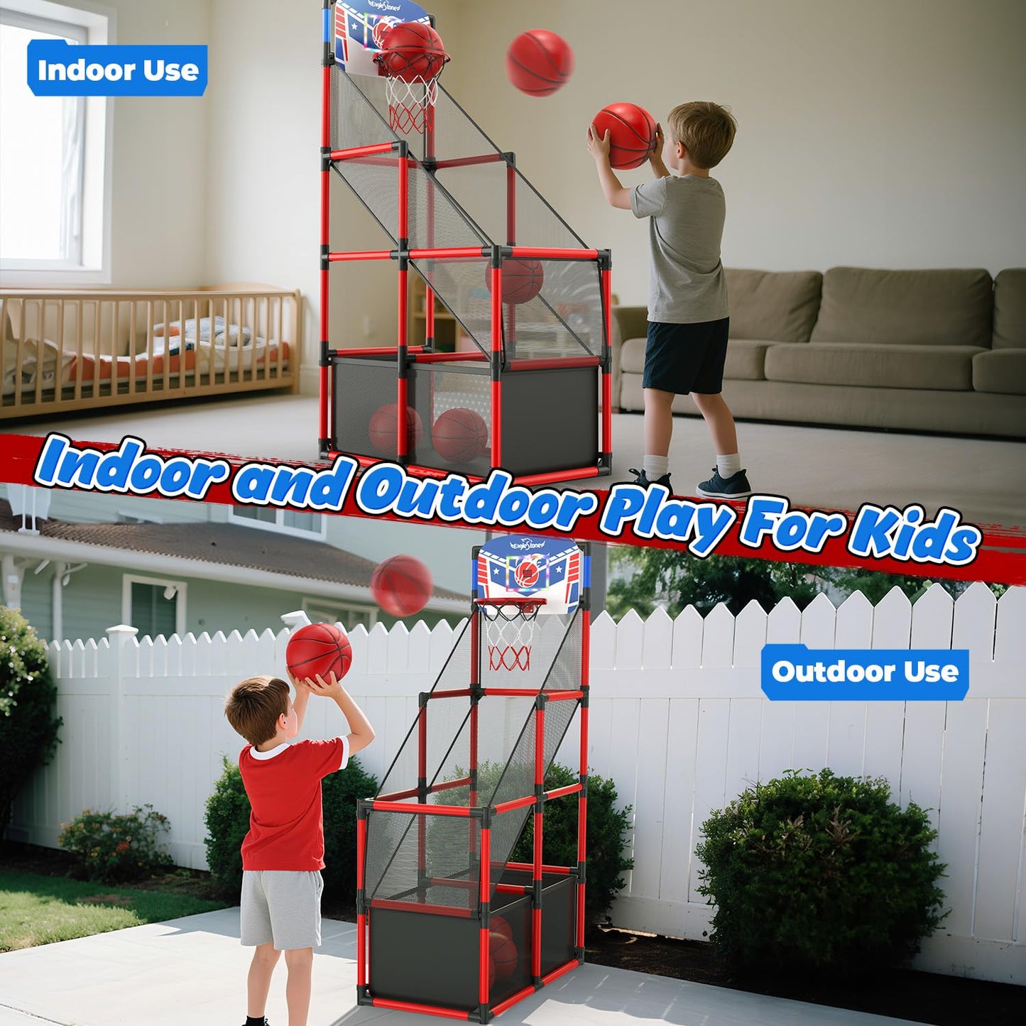 EagleStone Kids Adjustable Arcade Basketball Hoop with LED Lights & Scoreboard, 4 Balls Ball Storage Net, Indoor Outdoor Carnival Basketball Game Set for Boys & Girls Ages 3-12, Pump Included