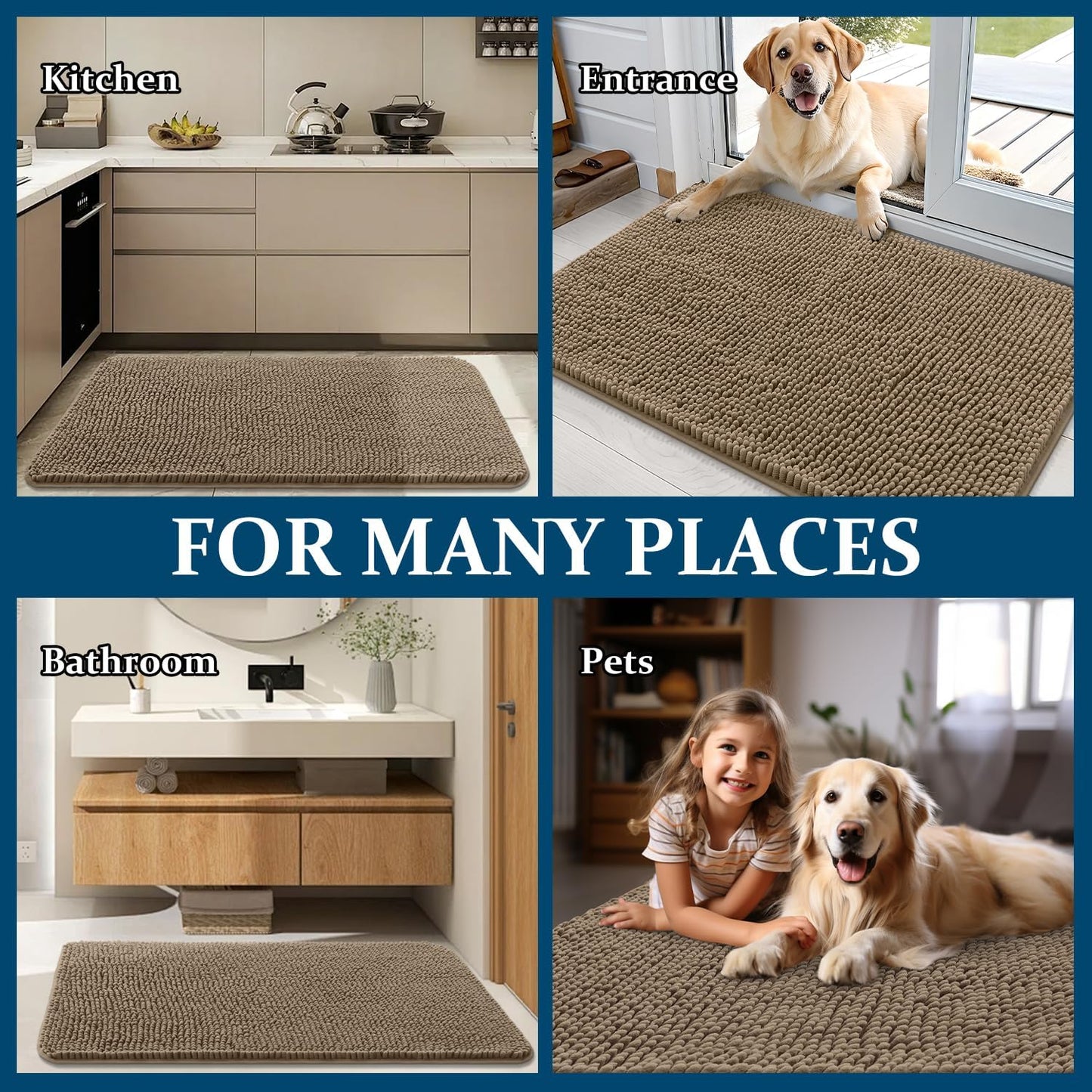 OLANLY Dog Door Mat - Absorbent Non-Slip Chenille for Muddy Paws | 59x20 Tan Indoor Entryway Carpet