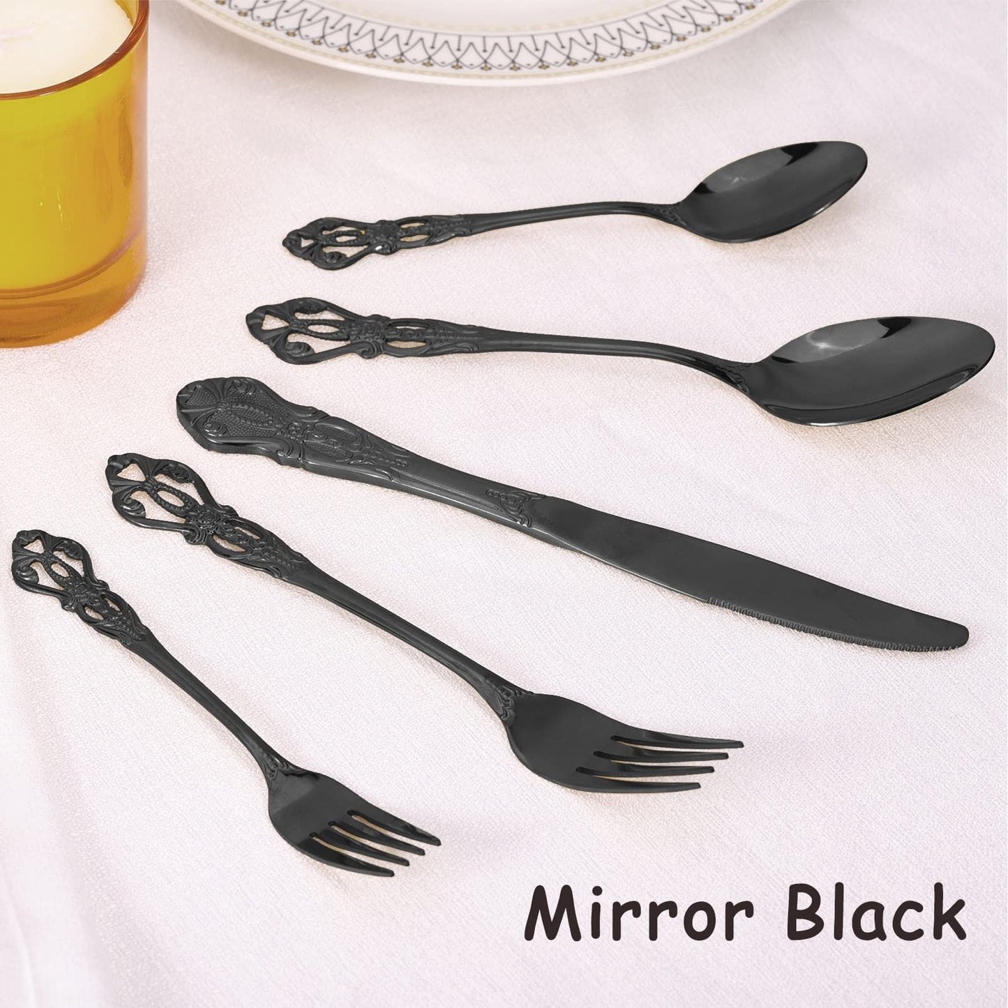 Black Silverware Set for 4, Stainless Steel Gorgeous Retro Royal Flatware Set, 20-Pieces Cutlery Tableware set, Kitchen utensils set Include Spoons And Forks Set, Mirror Finish, Dishwasher Safe