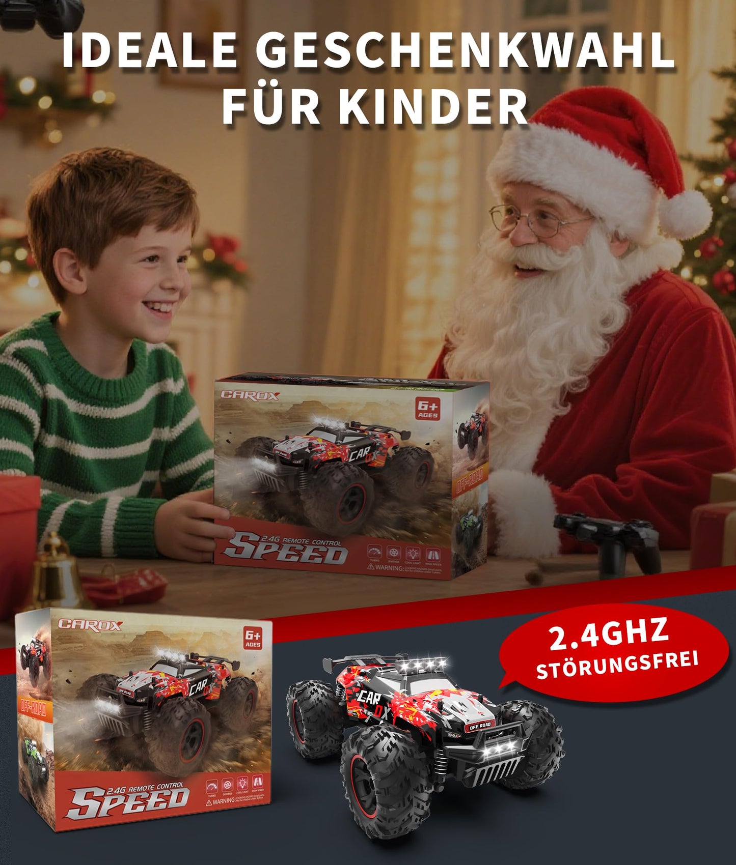 Carox Remote Control Car, 2.4GHz 26KM/H High Speed RC Car, 1:18 Off-Road Monster Truck with LED Lights, Proportional Throttle & 1800mAh Rechargeable Batteries โ Ideal Gift for Boys 6+ (RED)