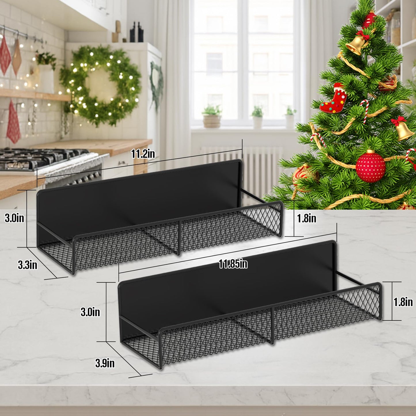 FITIMOR Magnetic Spice Rack for Refrigerator, 2 Pack Magnetic Shelf for Fridge with 4 Hooks, Black Magnetic Shelves, Organization and Storage Kitchen, Magnet Shelf for Fridge, Cabinet Organization