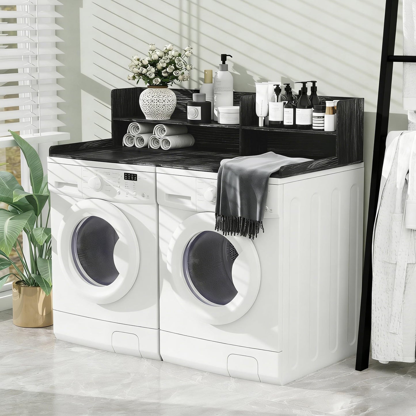 Desility 2 Tier Washer Dryer Countertop with Shelf, 54.7" W X 28.3" D Laundry Countertop with Non-Slip Pad, Wooden Washing Machine Topper for Folding, Sorting & Ironing, Black