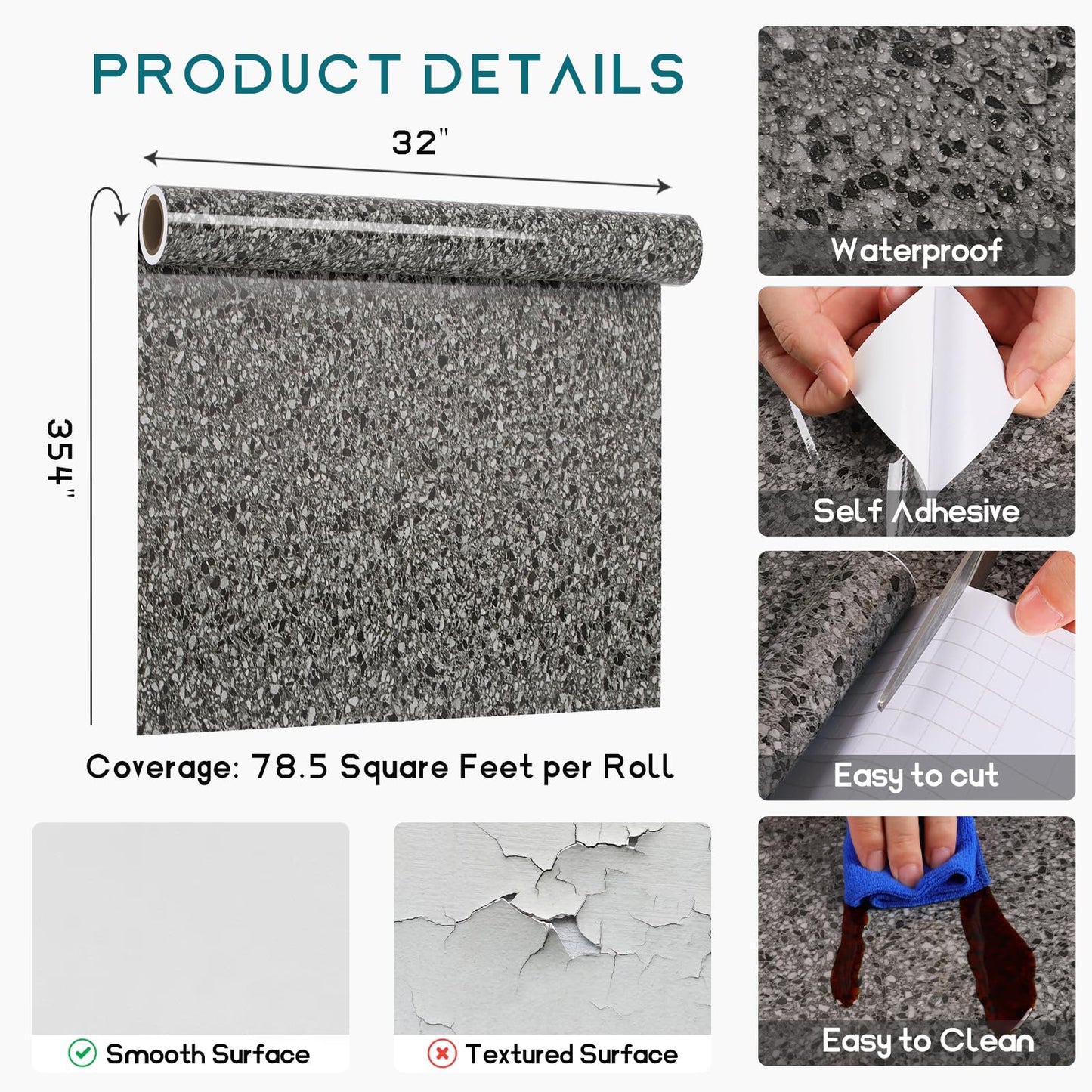 VEELIKE Dark Granite Contact Paper for Countertops Waterproof Peel and Stick Countertops Marble Contact Paper 354''x32'' Wide Marble Wallpaper Peel and Stick Countertop Paper for Kitchen Bathroom Desk