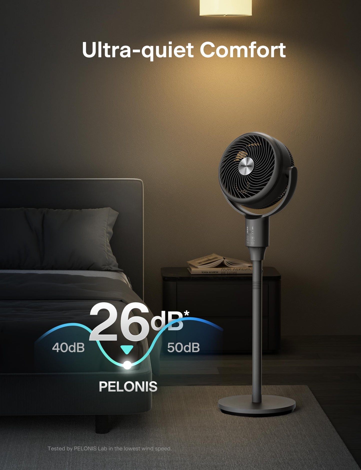 PELONIS Pedestal Fan, Air Circulator, Ultra OmniFlow (135Β°+90Β°Auto Oscillation), Quiet Floor Fan with 3 Speeds, Remote, 7H Timer, Memory Function, Adjustable Height, Standing Fan for Bedroom