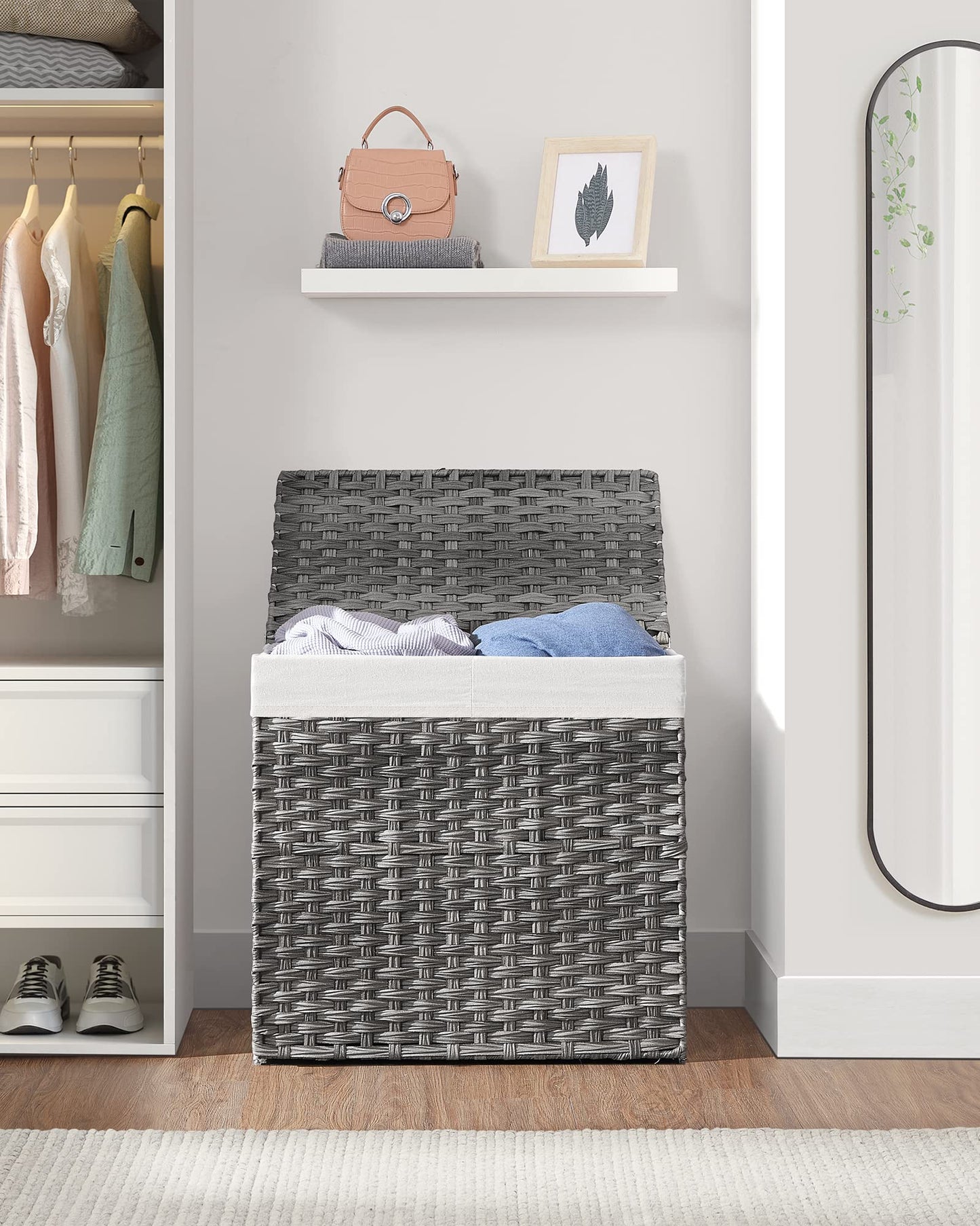 SONGMICS 130L Clothes Hamper with Lid, 2 Removable Liner Bags, 6 Mesh Bags, Wicker, Double Laundry Basket for Bathroom, 13 x 26 x 23.6 Inches, Gray ULCB253G01