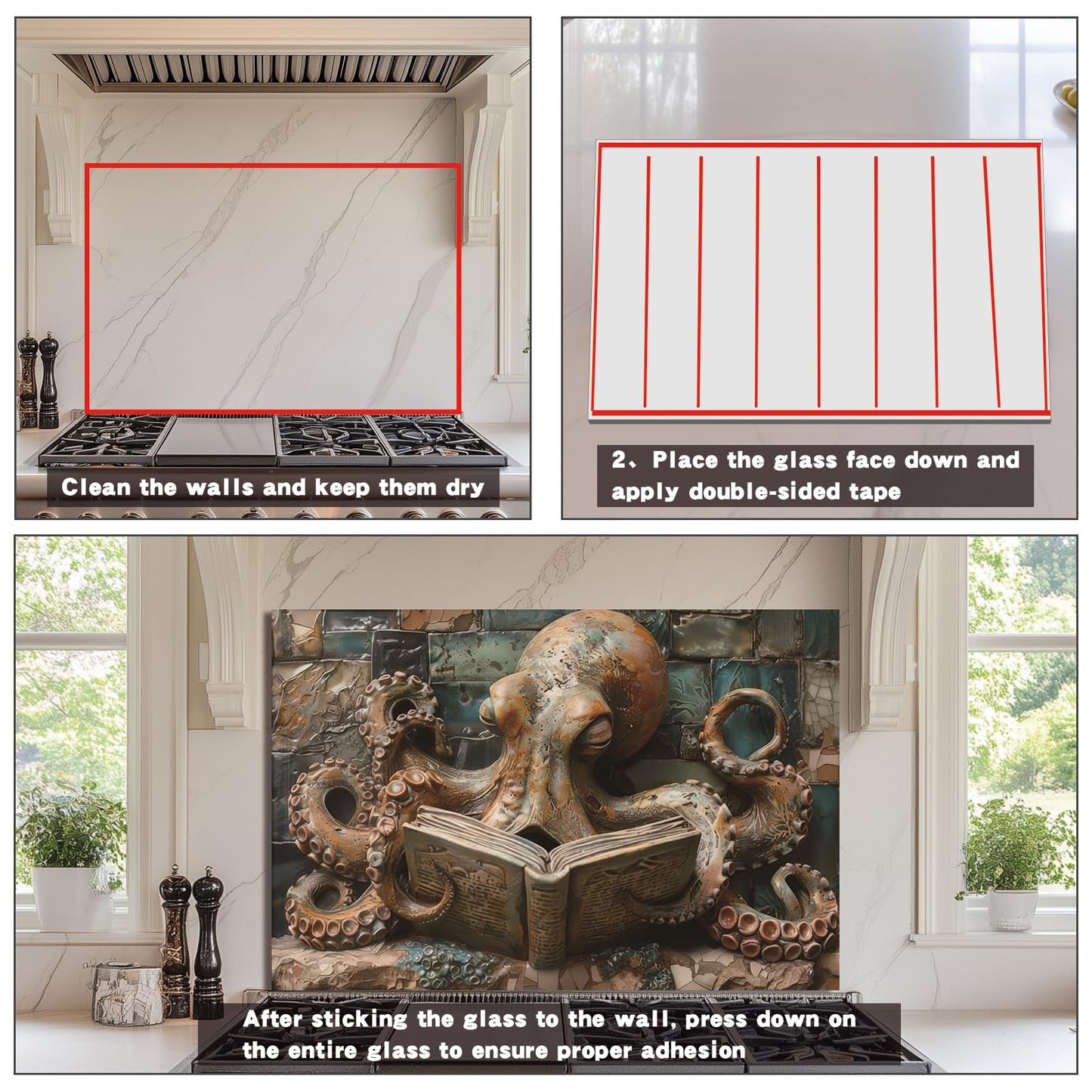 Evgosm Octopus Tempered Glass Kitchen Backsplash, Easy-to-Clean Kitchen Sink Cover with Splash Shield, Home Kitchen Decor (30 inches x 18 inches).