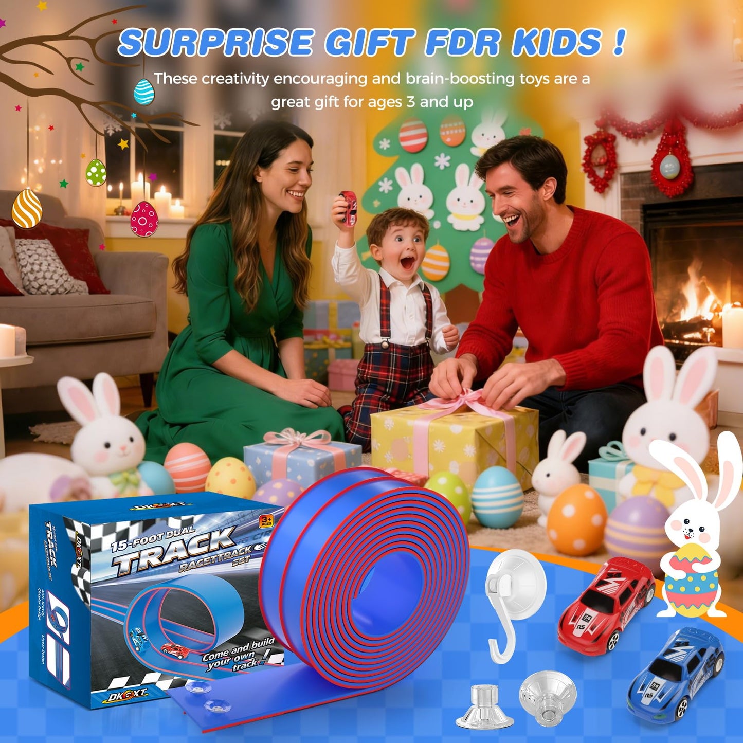 DKOXT 15 Ft Flexible Race Track for Kids, DIY Car Track Set with 2 Toy Cars & 3 Suction Cup Ramps, Easter Basket Stuffers for Teens & Boys Girls, Creative Easter Gifts for Kids, Blue