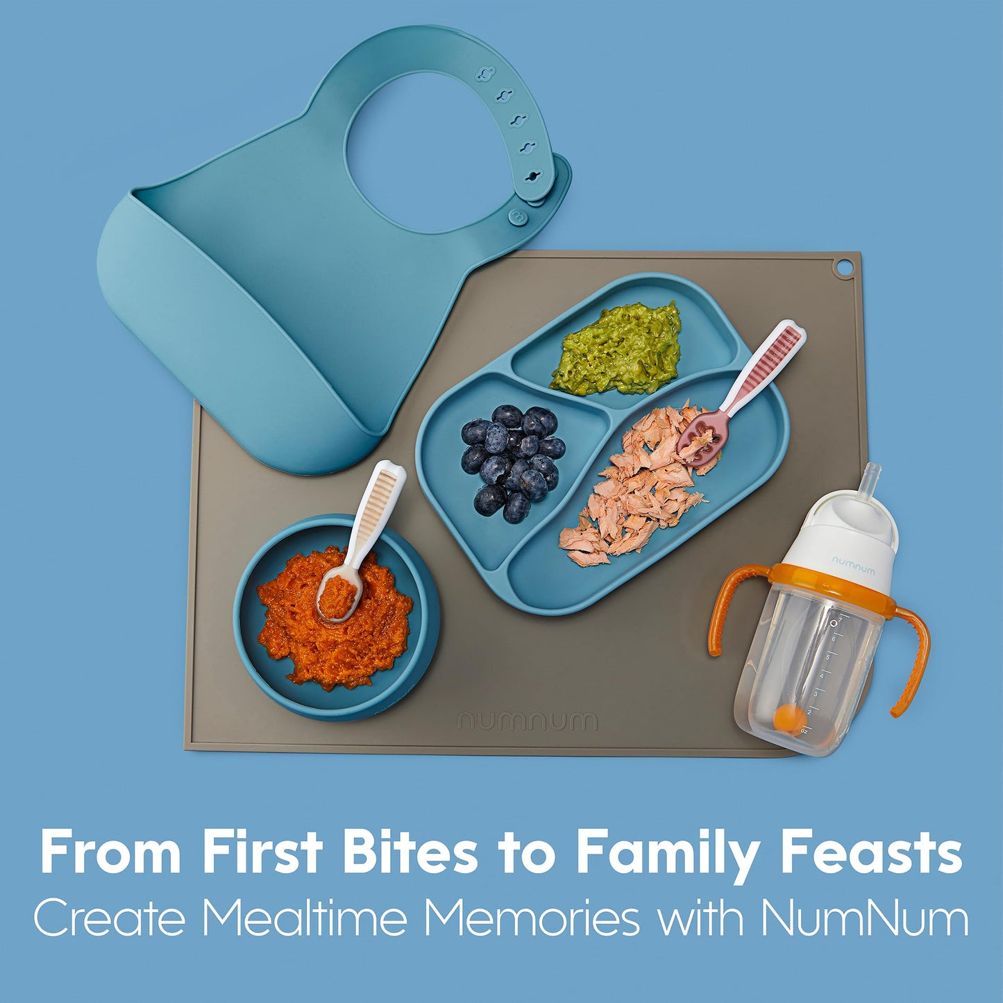 NumNum Baby Spoons Set, Silicone Pre-Spoon GOOtensils for Kids Aged 6+ Months - First Stage, Baby Led Weaning (BLW), Teething Spoon - Travel Case + 2 Spoons, Blue/Navy