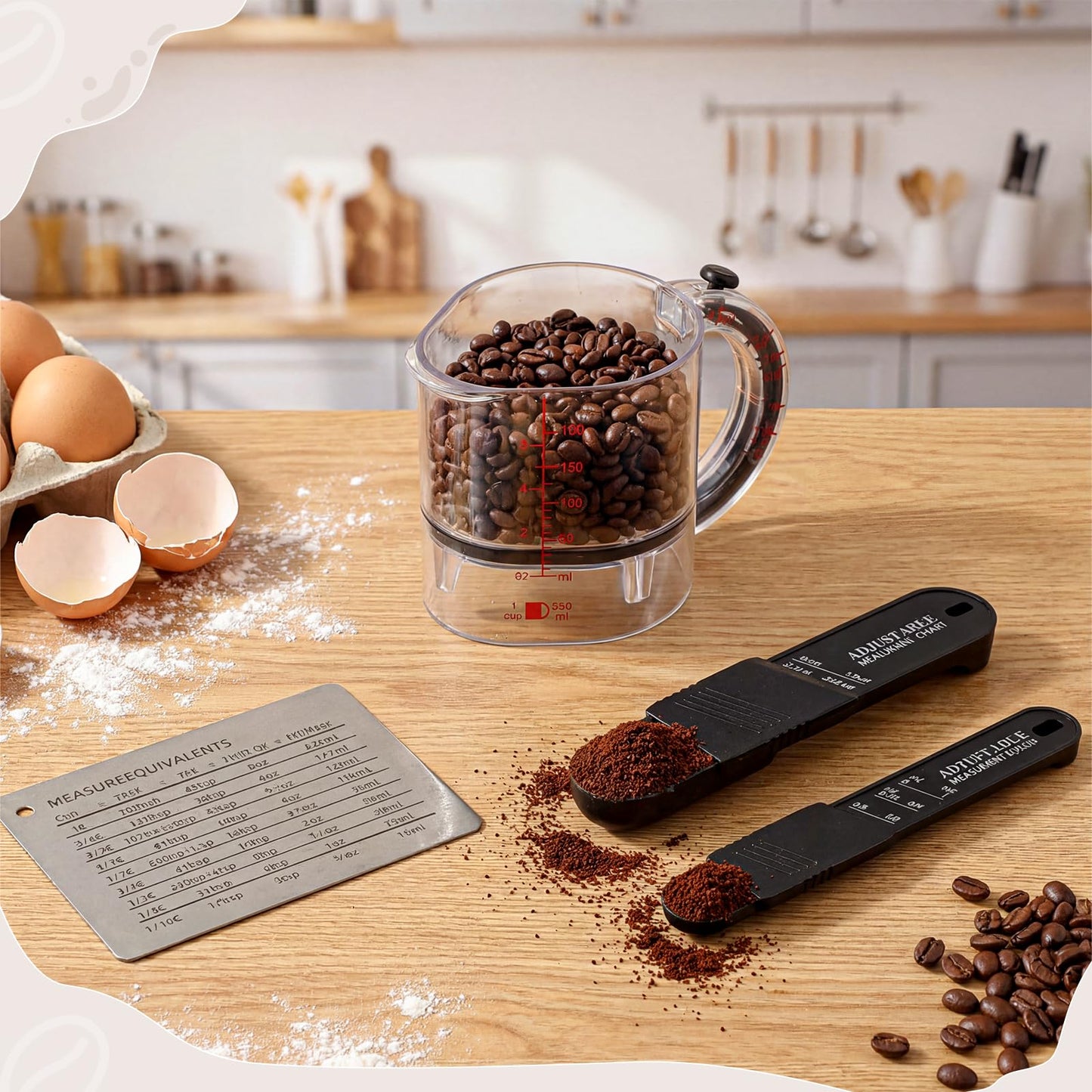 Saysurey 4 In1 Adjustable Measuring Cup Set Multi with Scraper Style Seal Base Adjustable Measuring Spoon Measurement Conversion Chart Space Saving Easy to Clean for Baking Cooking