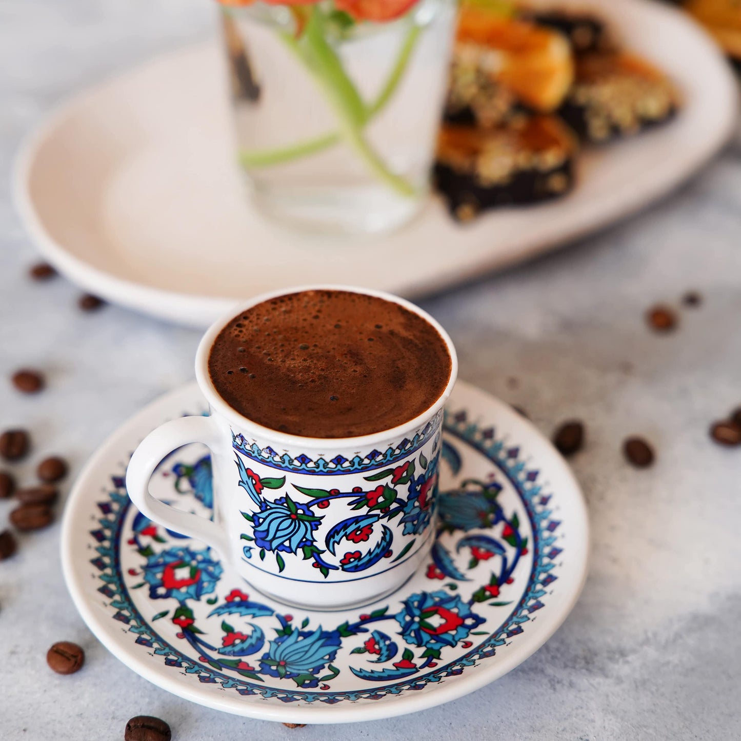 SANTA MARLA Turkish Coffee Cup Set of 6 with Saucers & Holder – Ceramic, Dishwasher-Safe, Keeps Warm – Patterned Turkish Espresso Cups Set for Home & Office (Set Of 6)
