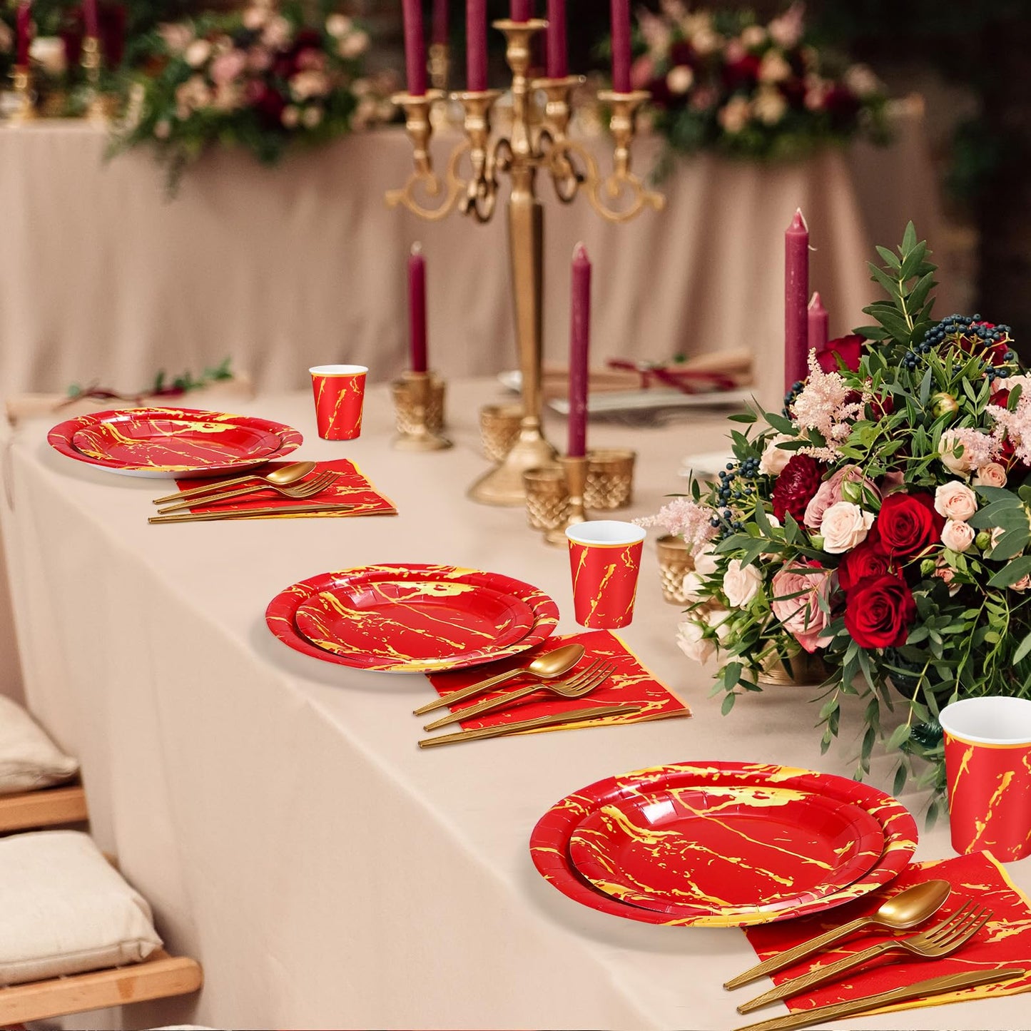 Bokon 350 Pcs Red Gold Party Supplies Disposable Dinnerware Set Include 100 Plates 50 9 oz Paper Cup 50 Sets Spoon Fork Knives 50 Napkin for 50 Guests Wedding Birthday Valentines Party Decoration
