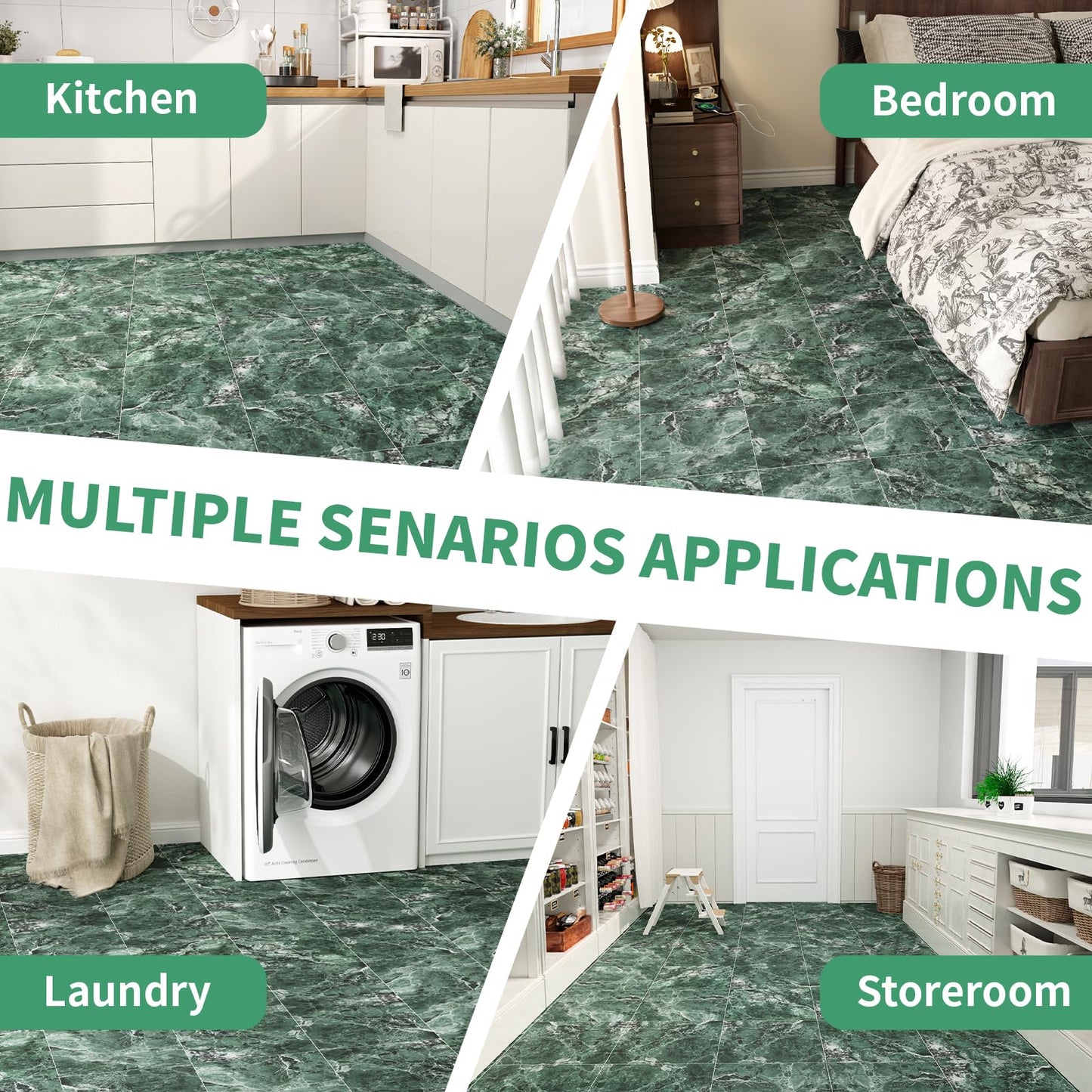 40 Pack Cover 40 Sq.Ft Peel and Stick Floor Tiles, 12” x 12” Self Adhesive Vinyl Flooring Easy DIY Installation for Kitchen, Living Room, Laundry, RV, Green Marble