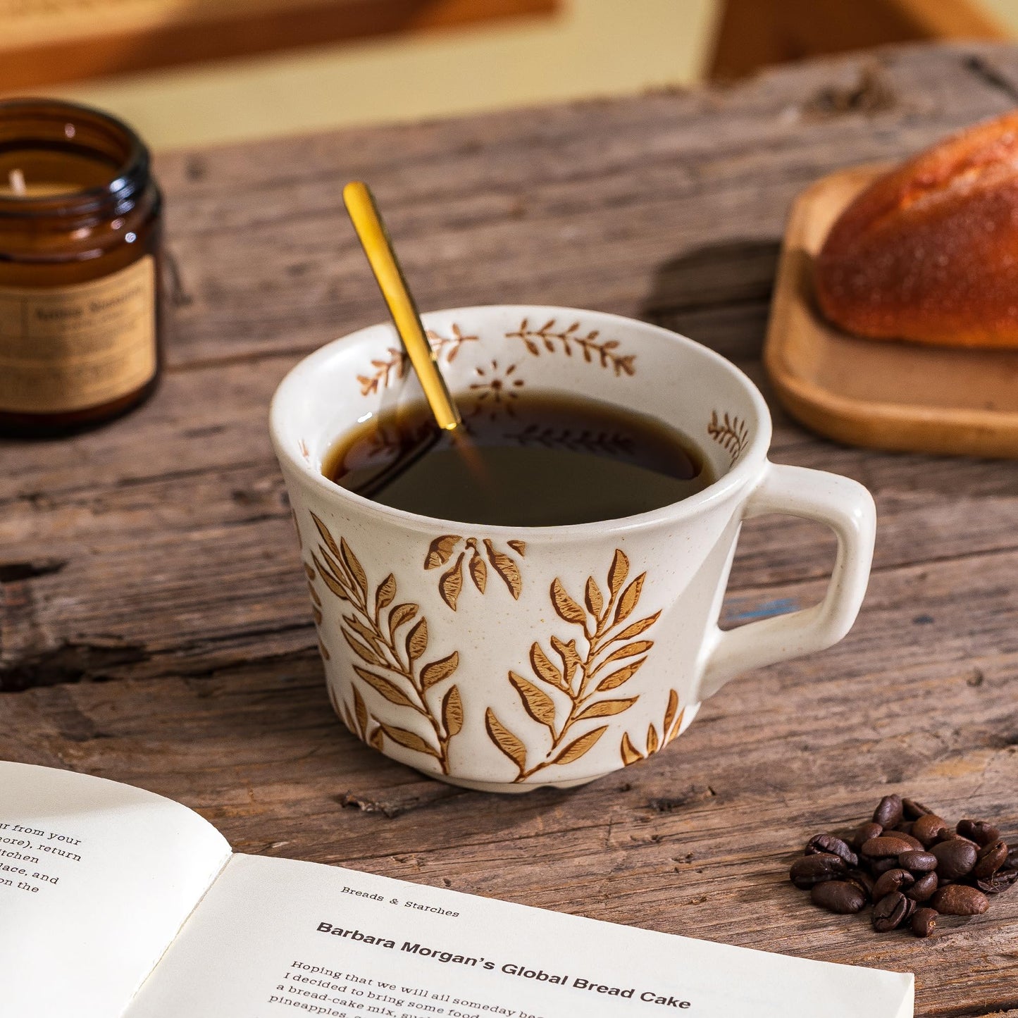 Caigmo Coffee Mugs, Coffee Cup Set of 2, Ceramic Mug Set 11 oz and Spoons for Home & Kitchen, Embossment Leave Novel Cups for Coffee Tea Cocoa Milk Latte, Microwave Dishwasher Safe
